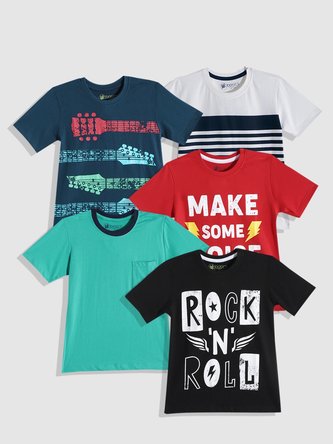 

YK Basics Boys Pack Of 5 Pure Cotton Round Neck Tshirts, Black