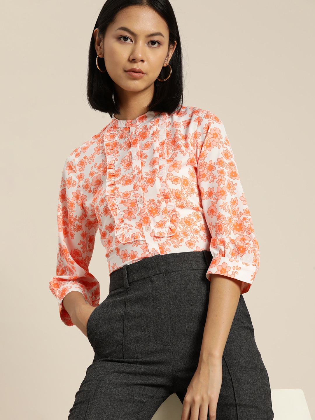 

her by invictus Floral Opaque Printed Casual Shirt, White