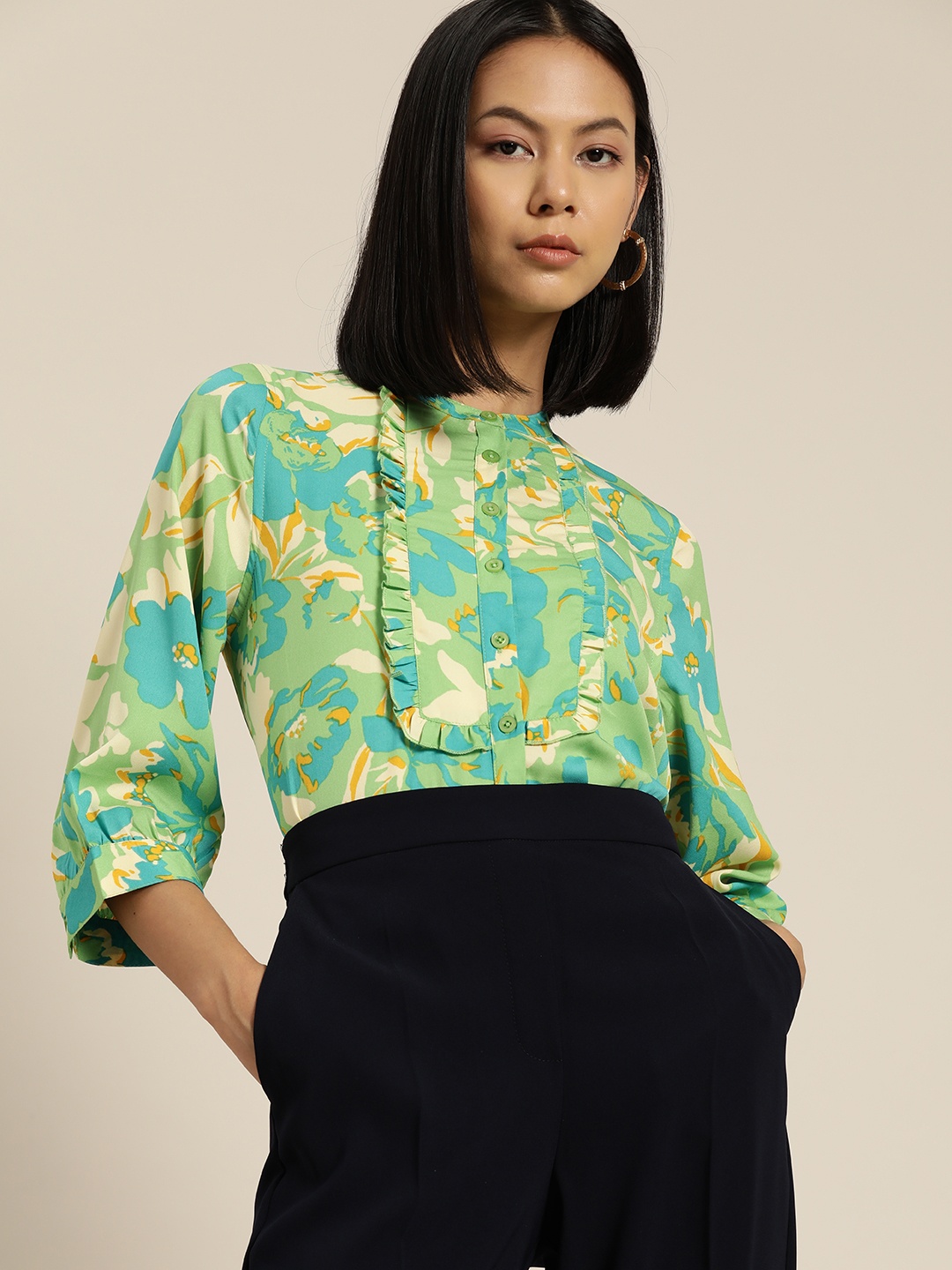 

her by invictus Floral Opaque Printed Casual Shirt, Green