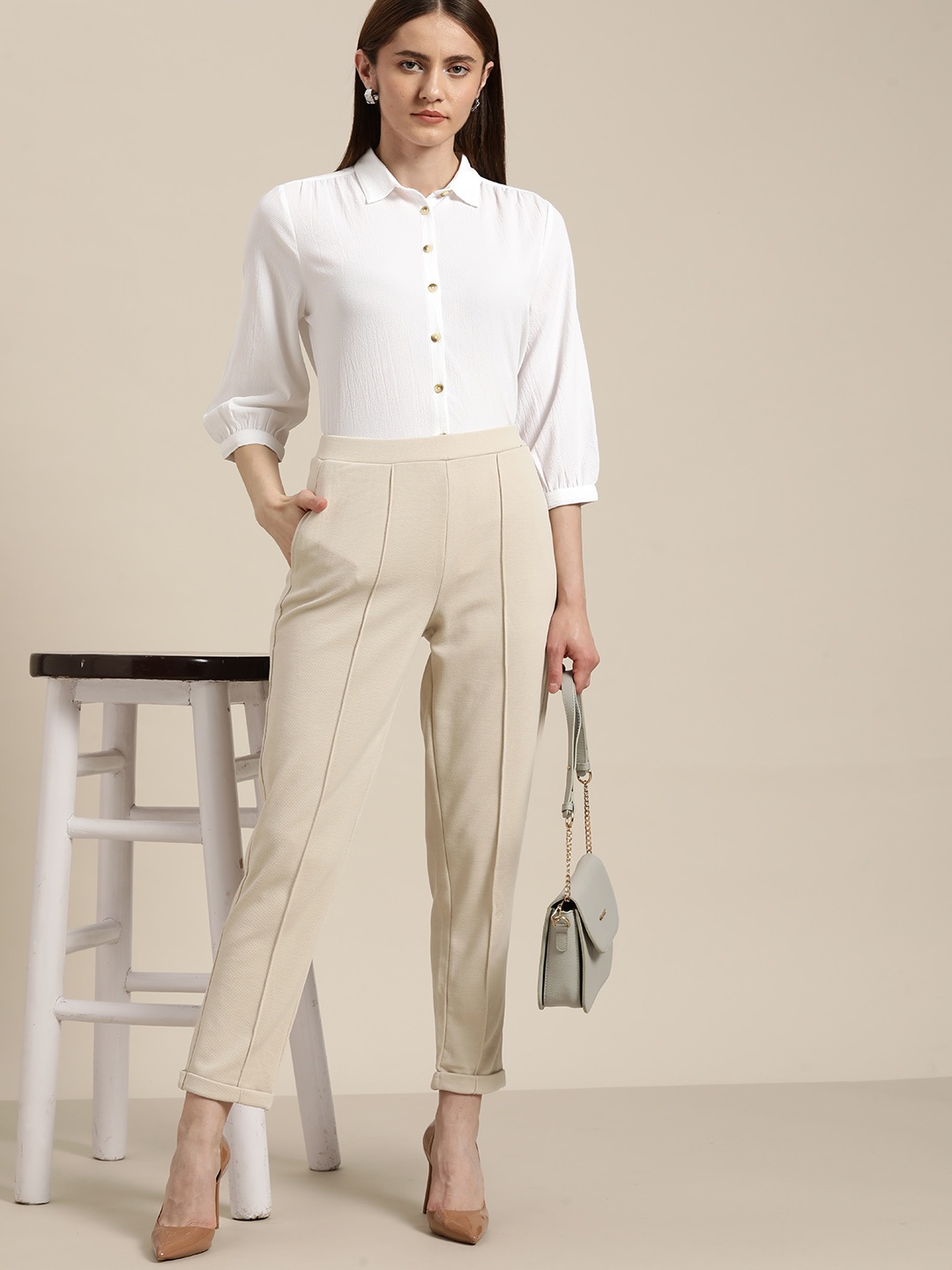 

her by invictus Puff-Sleeves Crinkled Effect Textured Casual Shirt, White