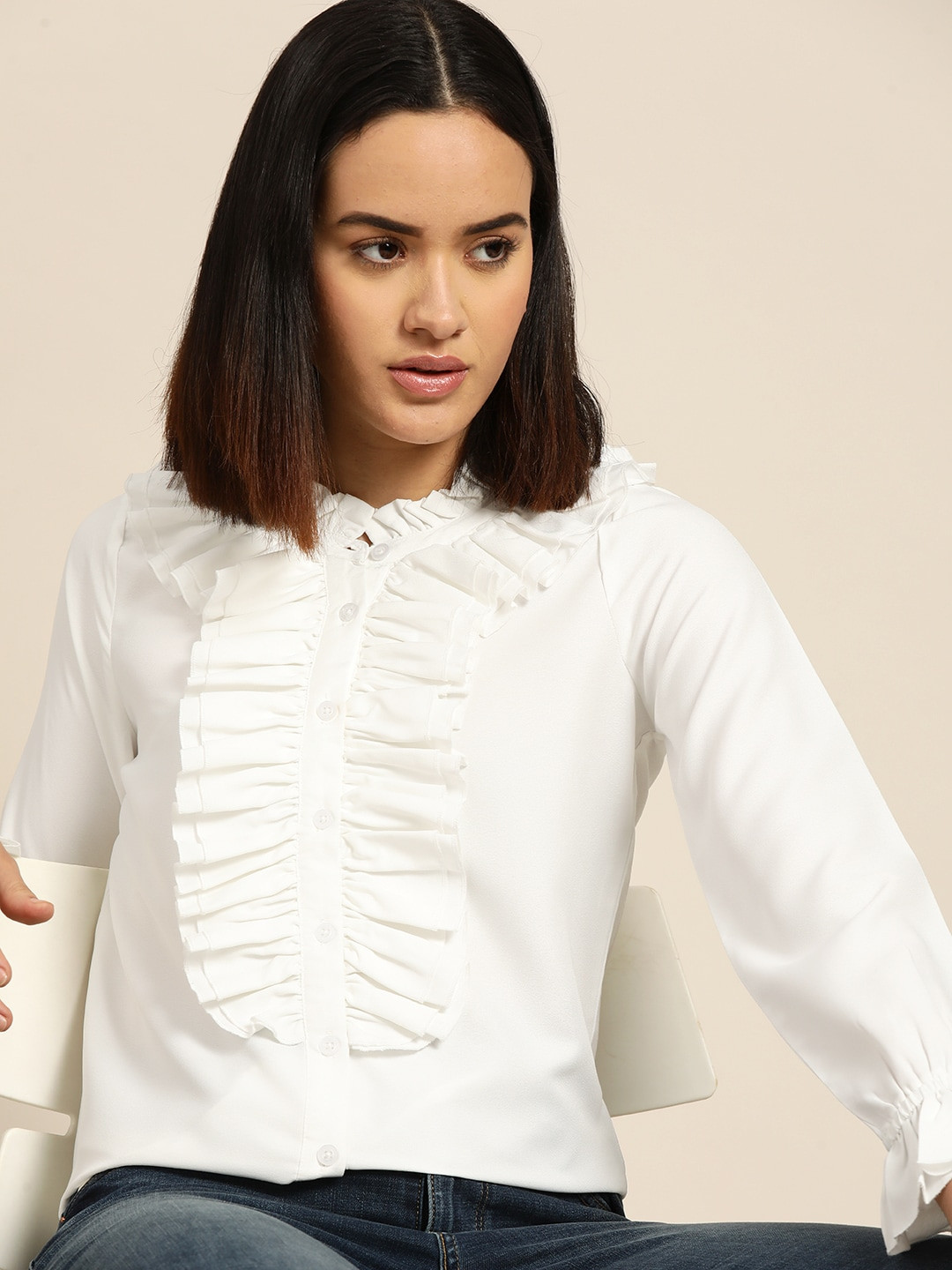 

her by invictus Mandarin Collar Bell Sleeve Ruffles Shirt Style Top, White