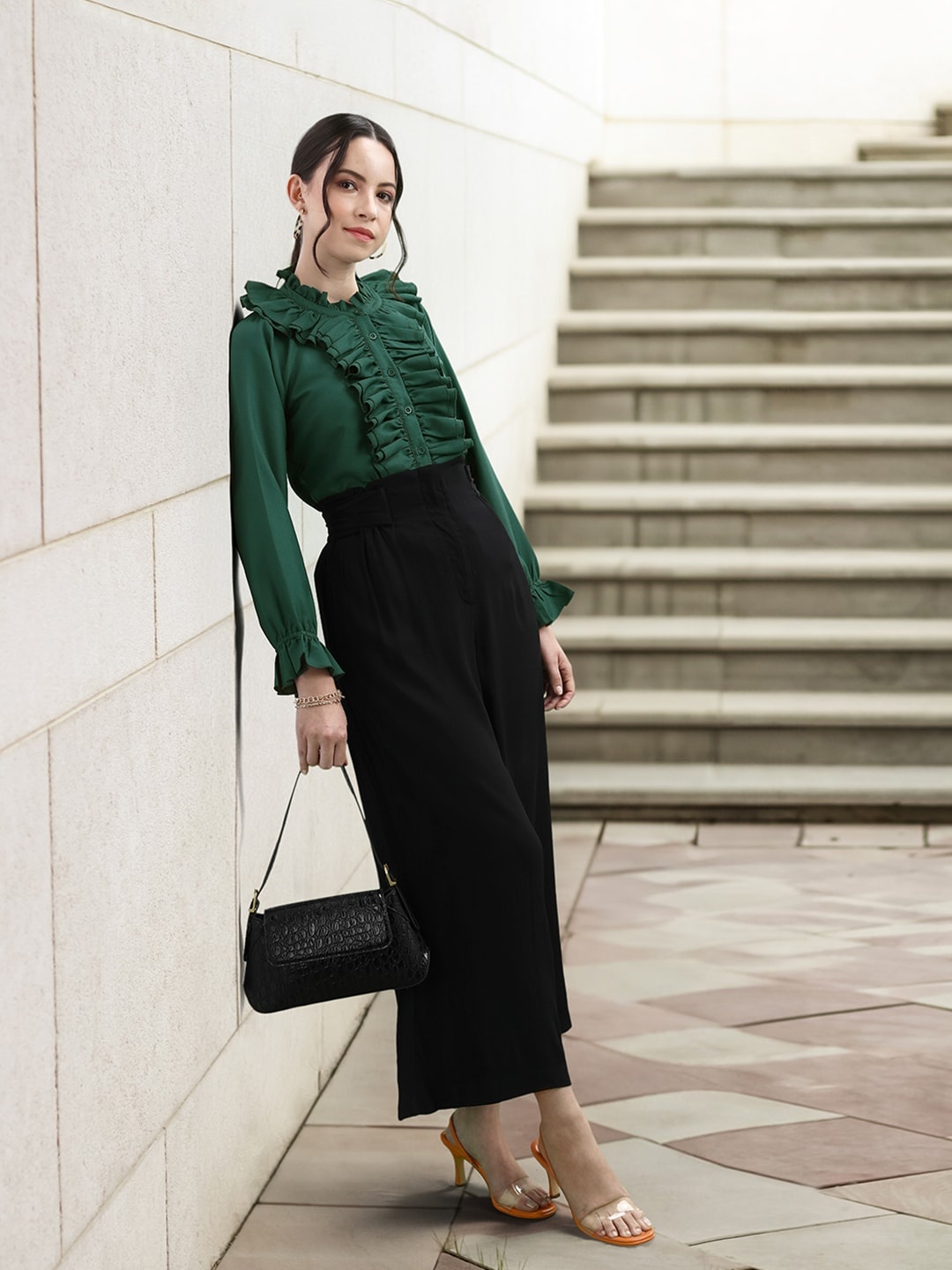 

her by invictus Mandarin Collar Bell Sleeve Ruffles Shirt Style Top, Green