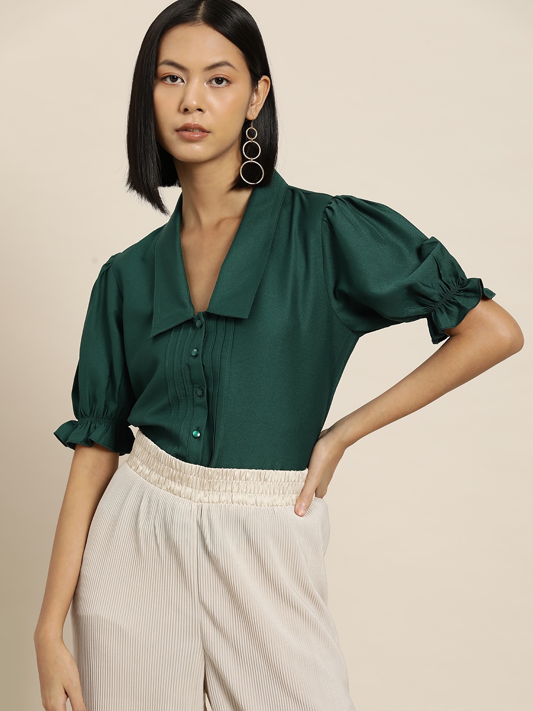 

her by invictus Puff Sleeve Shirt Style Top, Green