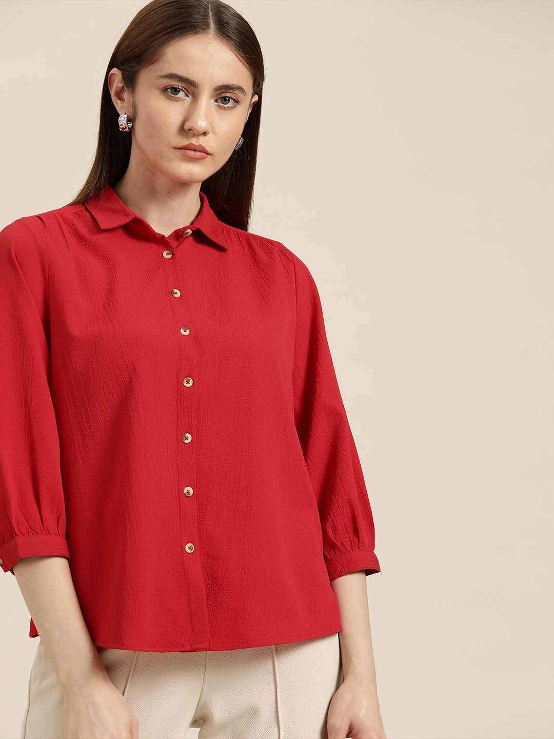

her by invictus Puff-Sleeves Crinkled Effect Textured Casual Shirt, Red