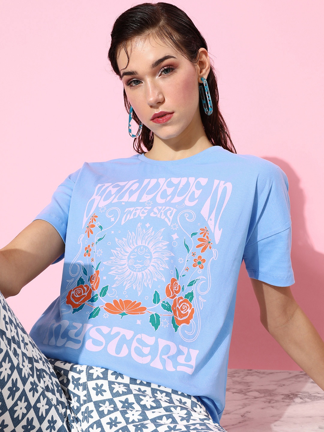 

Moda Rapido Ocean Blue Poster Graphics Printed Pure Cotton T-shirt
