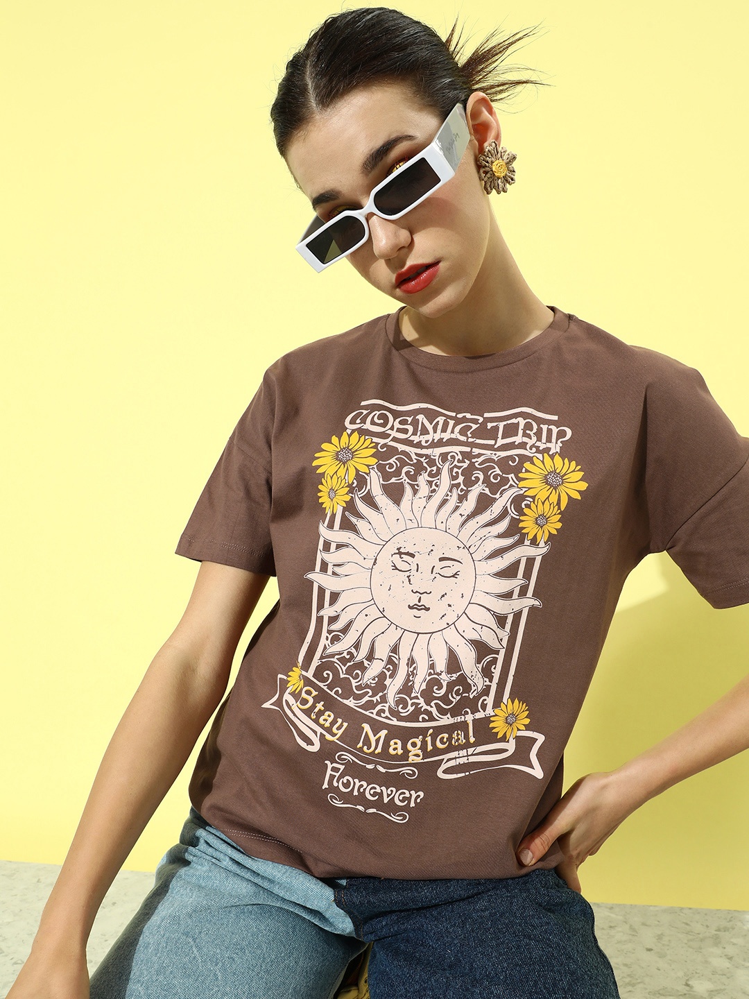 

Moda Rapido Women Bold Brown Poster Graphics Printed Pure Cotton T-shirt