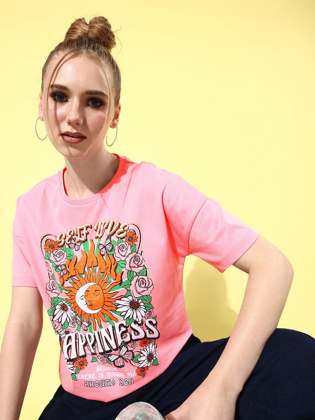 

Moda Rapido Women Candy Pink Pure Cotton 90's Hollaback Poster Graphics T-shirt