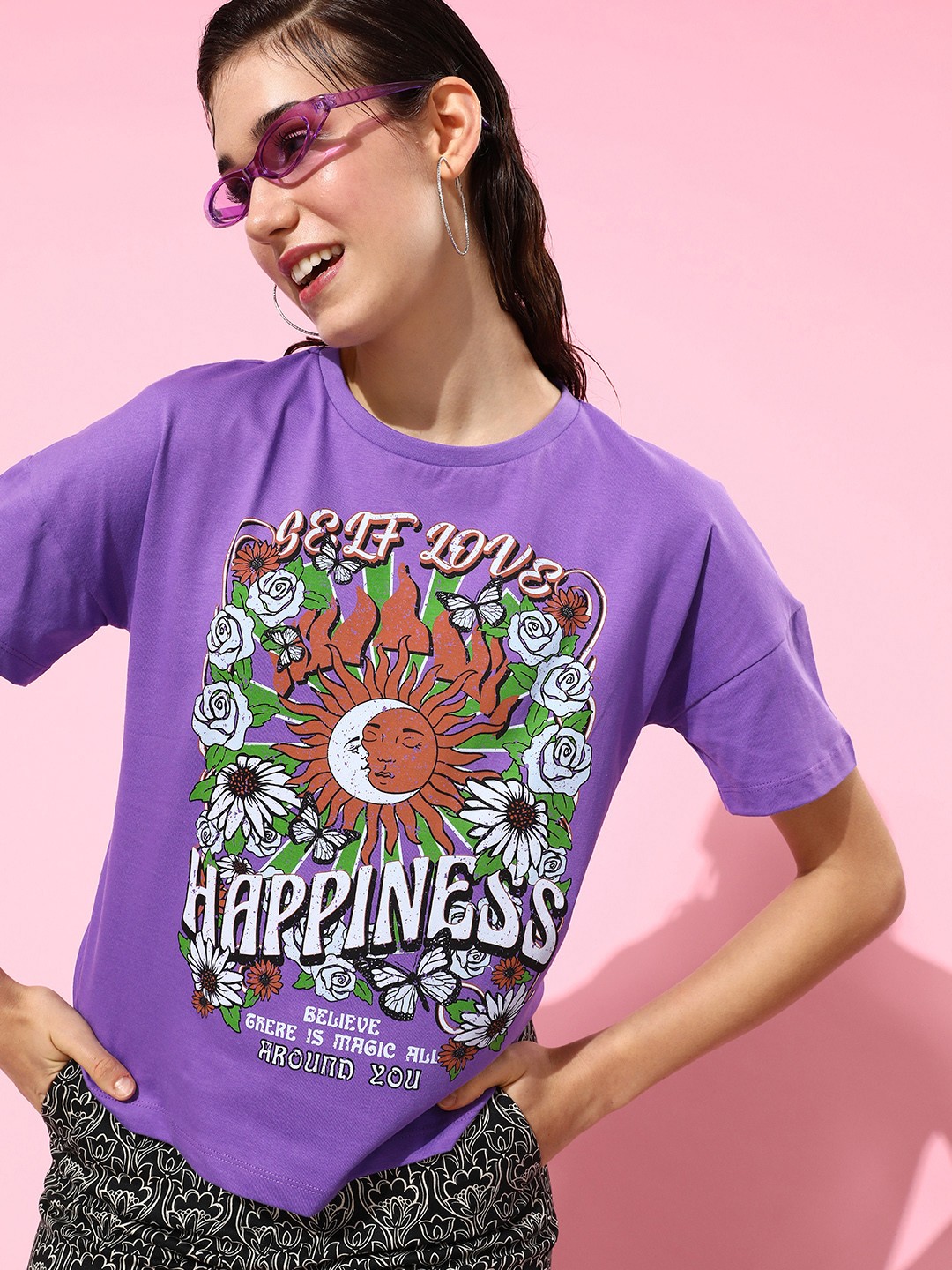 

Moda Rapido Women Perry Violet Pure Cotton 90's Hollaback Poster Graphics T-shirt