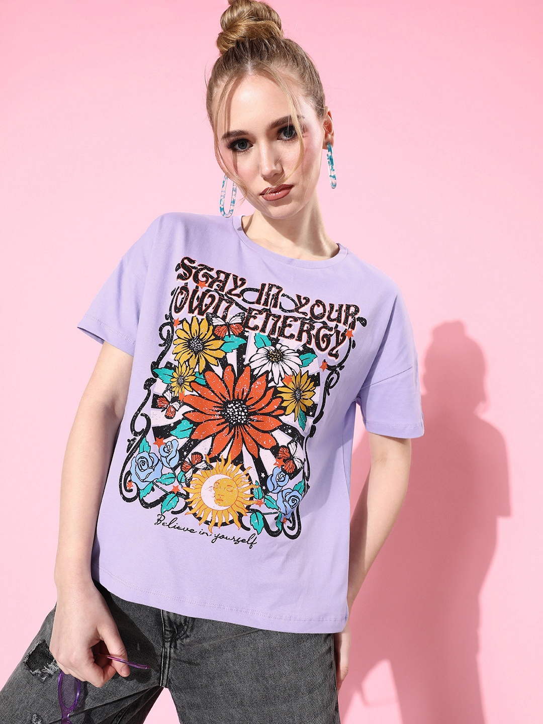 

Moda Rapido Misty Lavender Poster Graphics Printed Pure Cotton T-shirt