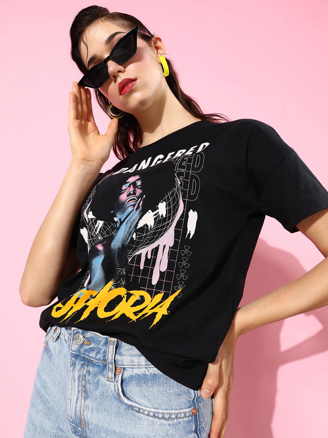 

Moda Rapido Jet Black Poster Graphics Printed Pure Cotton T-shirt