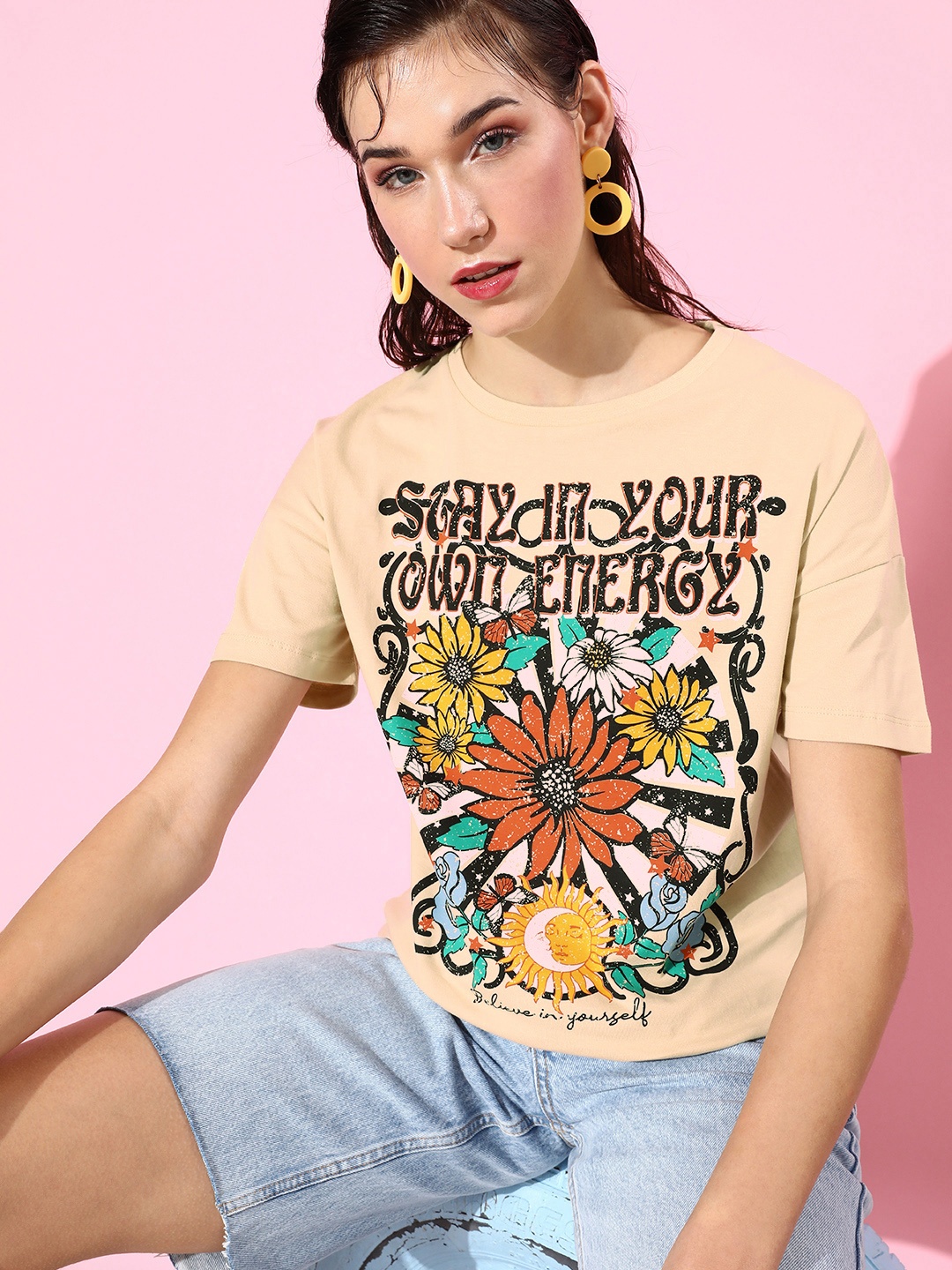 

Moda Rapido Earthy Beige Poster Graphics Printed Pure Cotton T-shirt