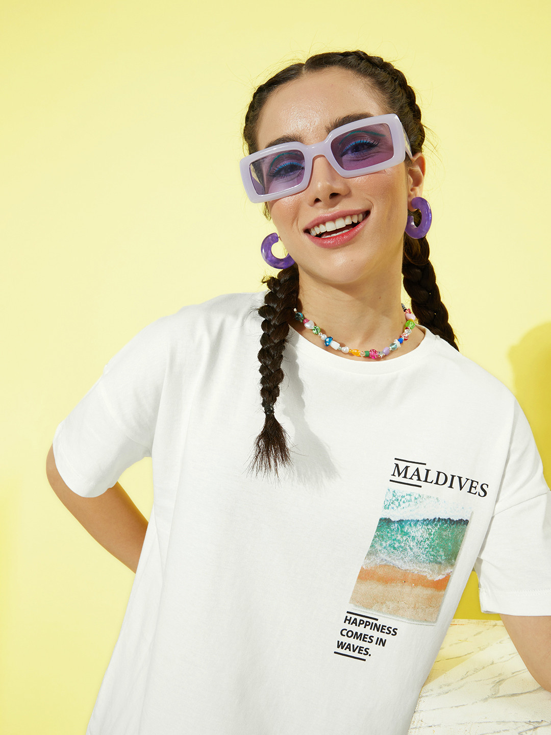 

Moda Rapido Women Pale Off-White Poster Graphics Printed Pure Cotton T-shirt