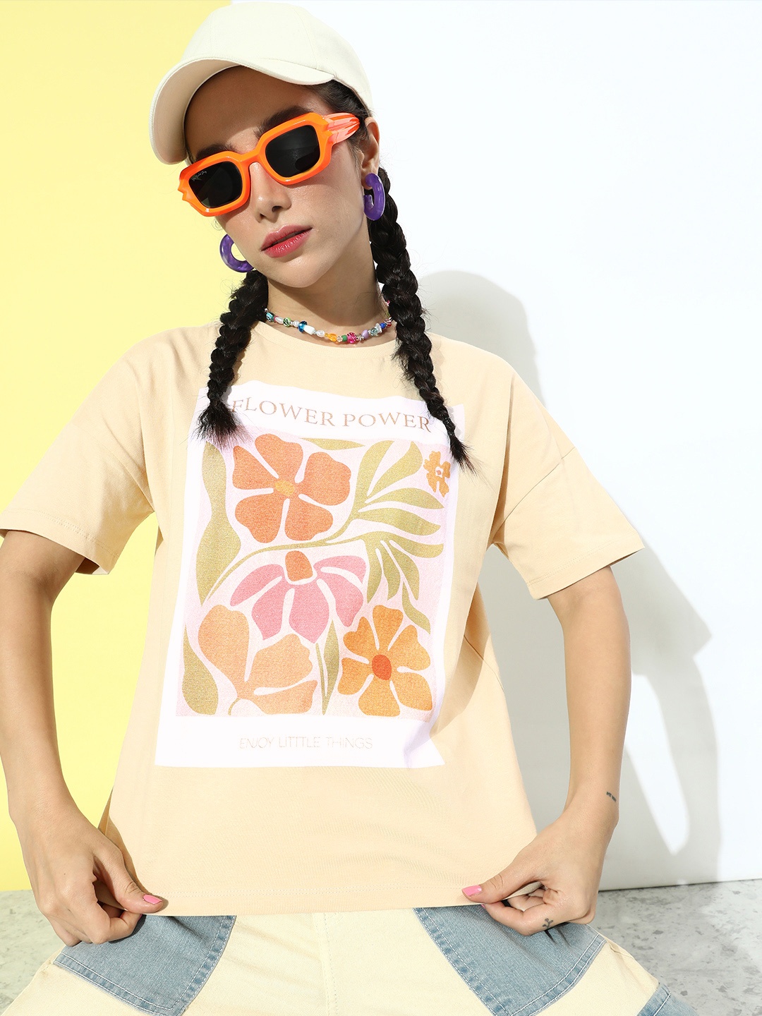 

Moda Rapido Women Sandy Beige Poster Graphics Floral Printed Pure Cotton T-shirt