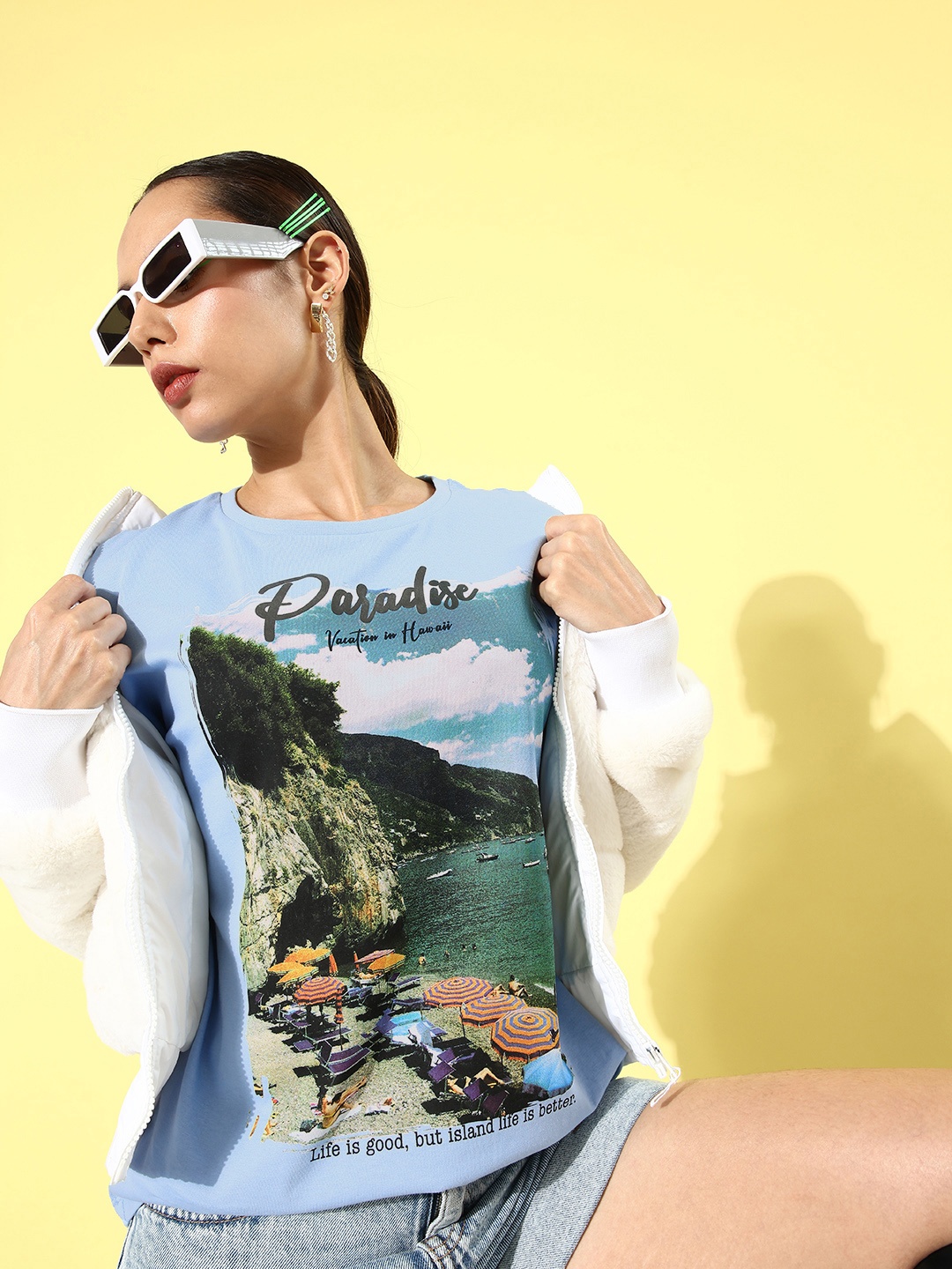 

HERE&NOW Sky Blue Poster Graphics Printed Pure Cotton T-shirt