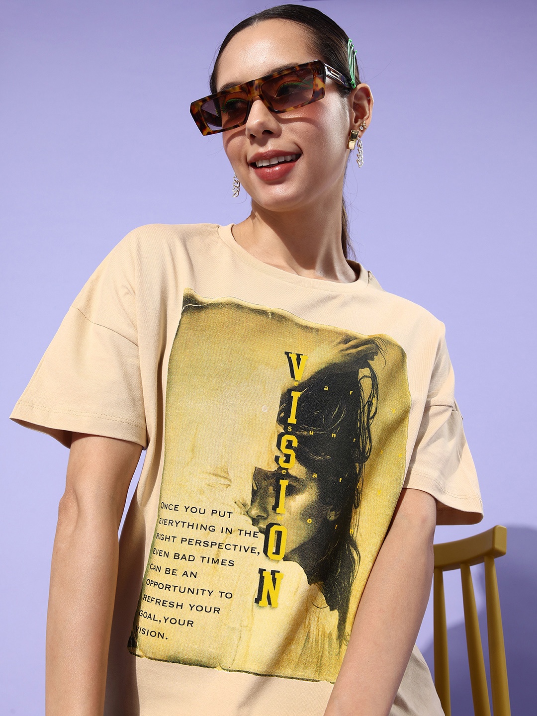 

HERE&NOW Earthy Beige Poster Graphics Printed Pure Cotton T-shirt