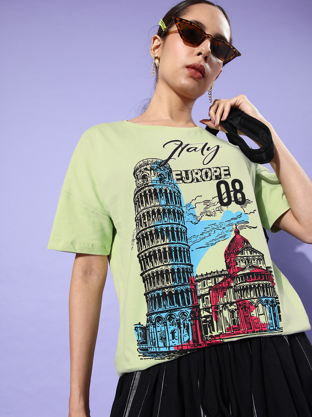 

HERE&NOW Lime Green Poster Graphics Printed Pure Cotton T-shirt