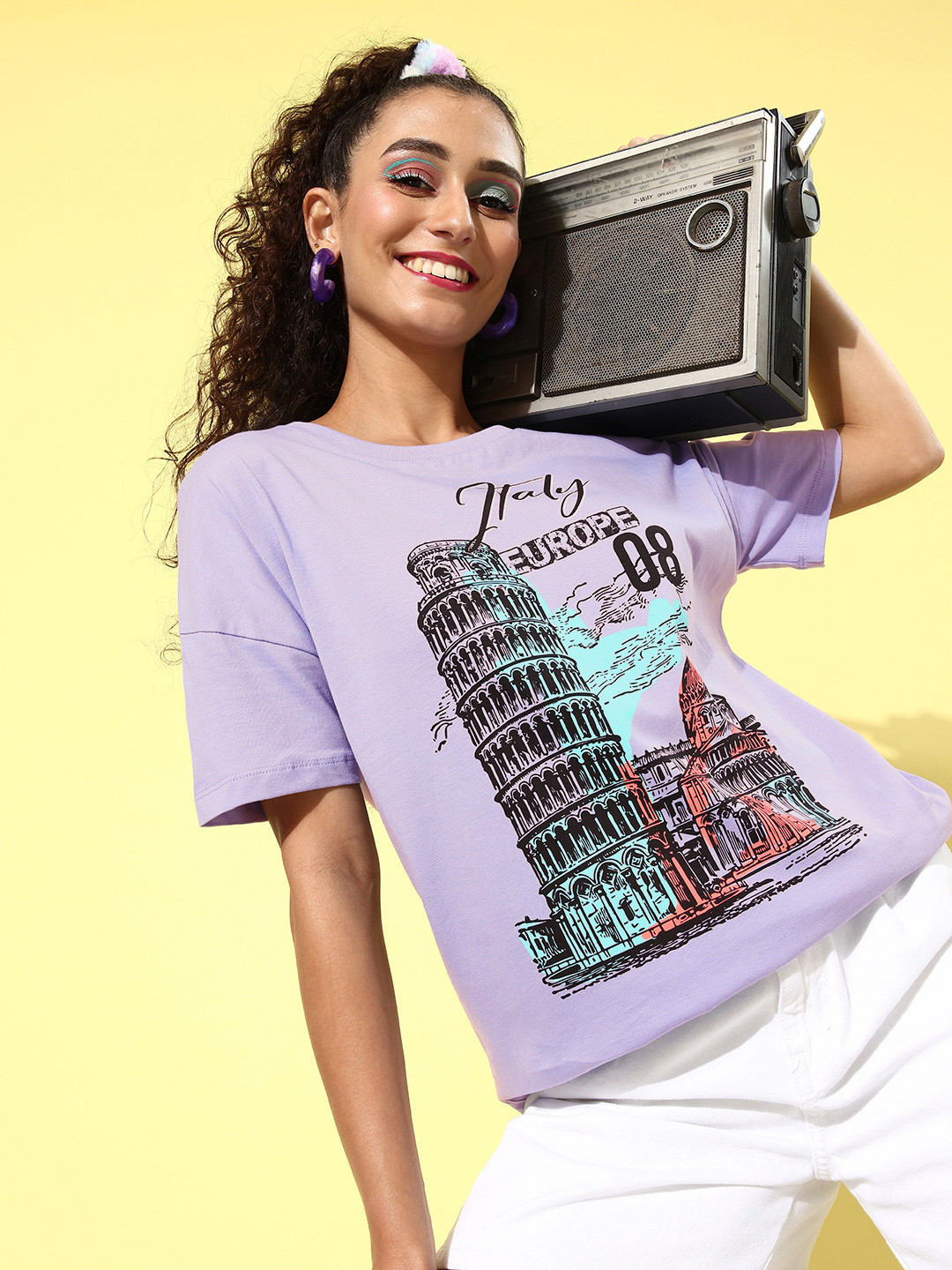 

HERE&NOW Pretty Lavender Poster Graphics Printed Pure Cotton T-shirt