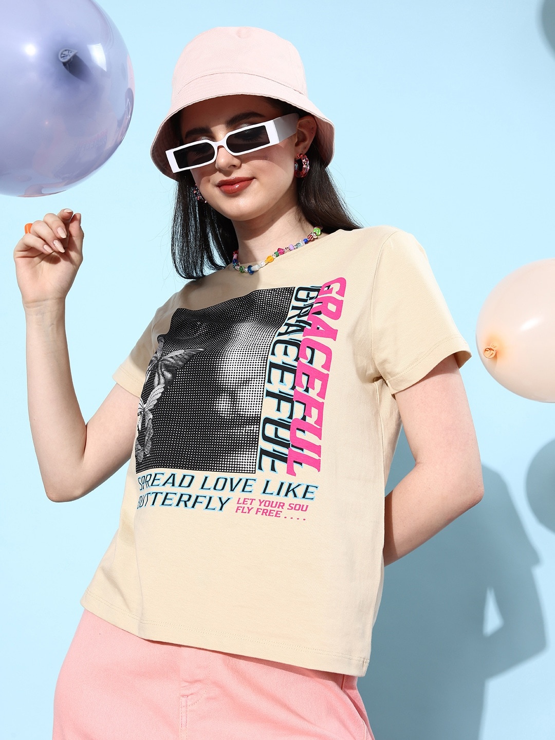 

HERE&NOW Printed Pure Cotton T-shirt, Cream