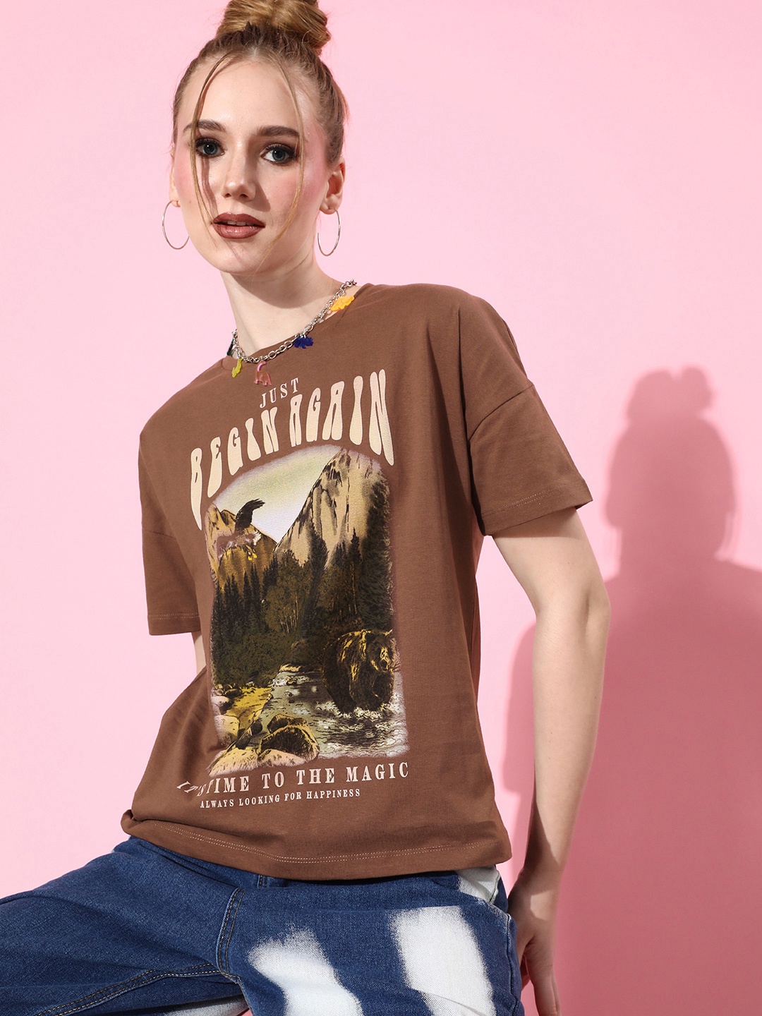 

HERE&NOW Women Pure Cotton Dusty Brown Printed 90's Hollaback Poster Graphics T-shirt
