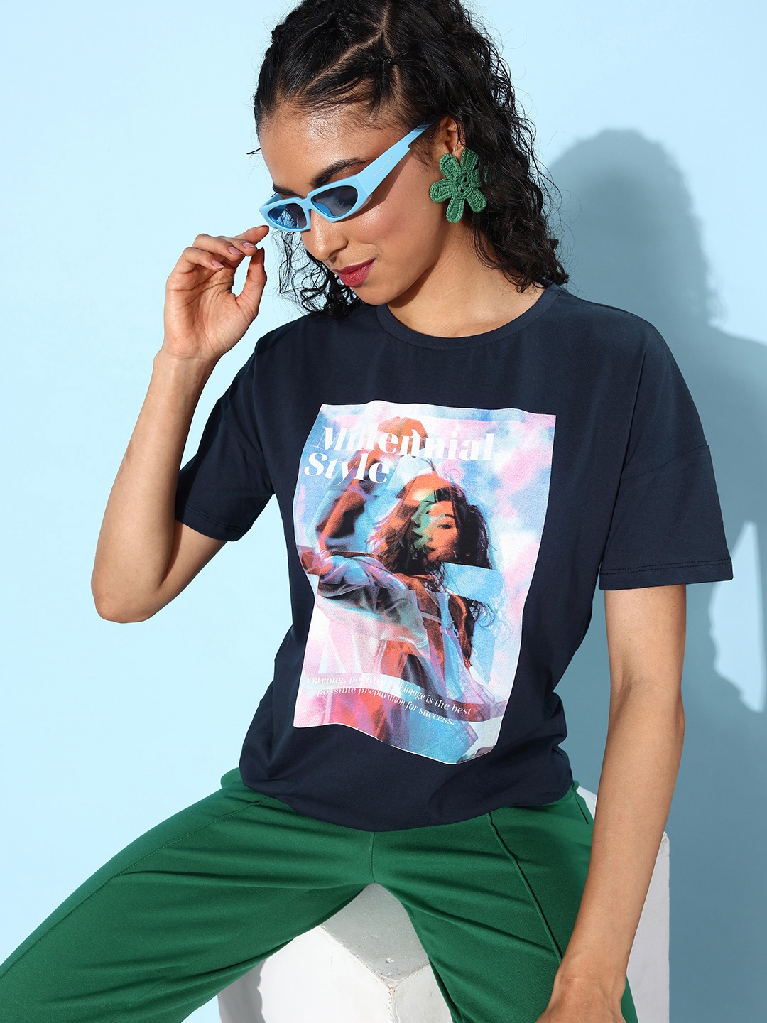 

HERE&NOW Jet Black Round Neck Poster Graphics Printed Pure Cotton T-shirt, Navy blue