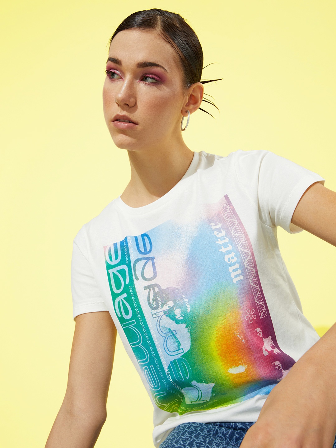 

HERE&NOW Bright White Pure Cotton Poster Graphics Printed T-shirt