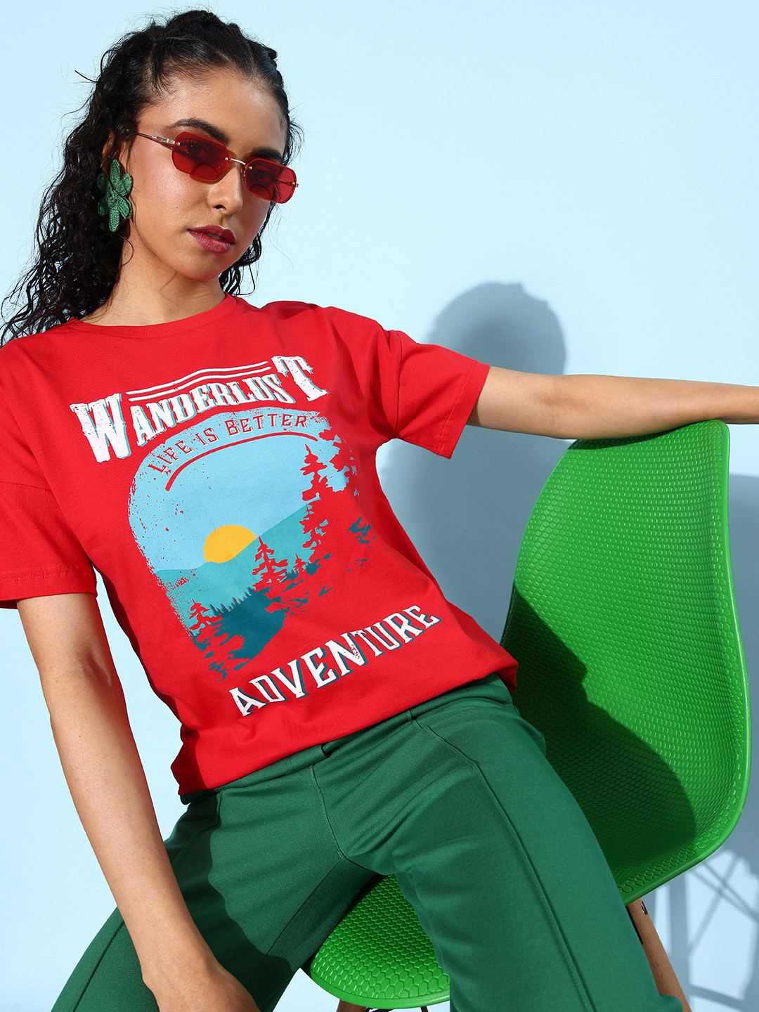 

HERE&NOW Bright Red Round Neck Poster Graphics Printed Pure Cotton T-shirt