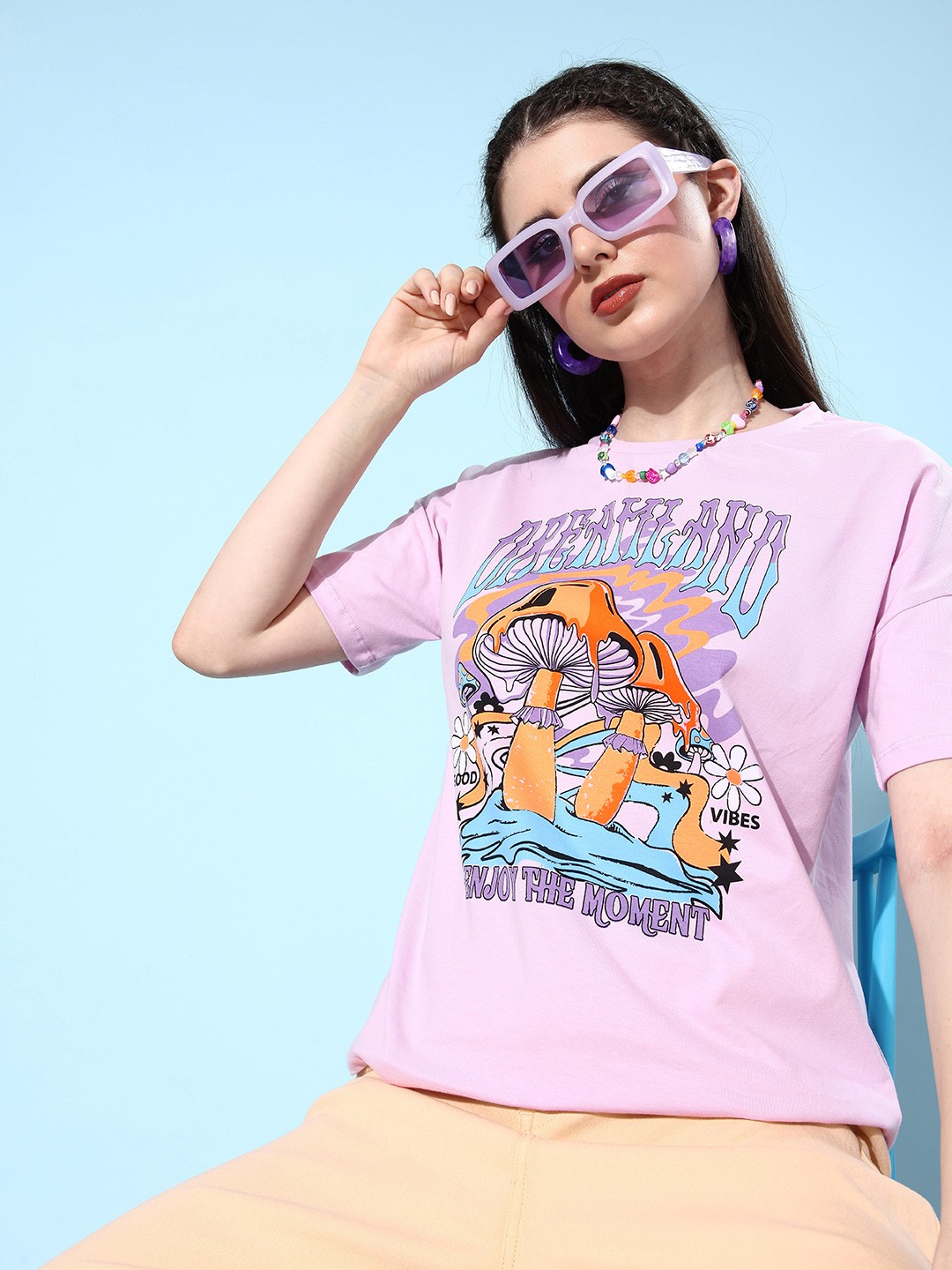 

HERE&NOW Pastel Lavender Round Neck Poster Graphics Printed Pure Cotton T-shirt