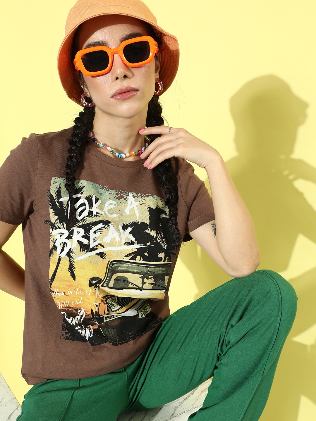 

HERE&NOW Women Dusty Brown Pure Cotton Car Printed 90's Hollaback Poster Graphics T-shirt