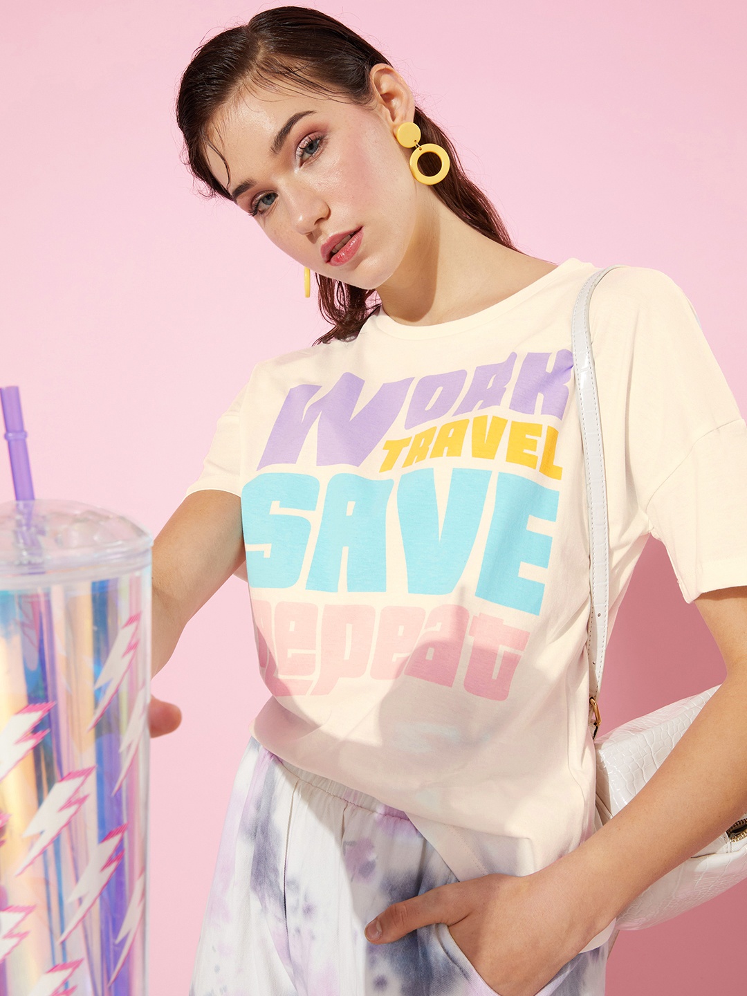 

HERE&NOW Women Pure Cotton Off White Printed 90's Hollaback Poster Graphics T-shirt