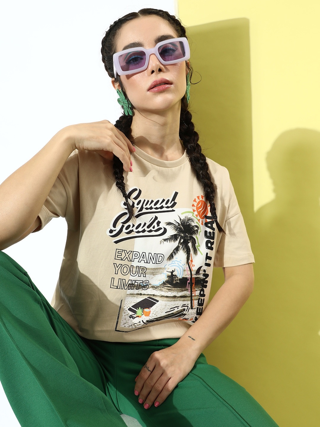 

HERE&NOW Women Creamy Beige Pure Cotton Loose 90's Hollaback Poster Graphics T-shirt