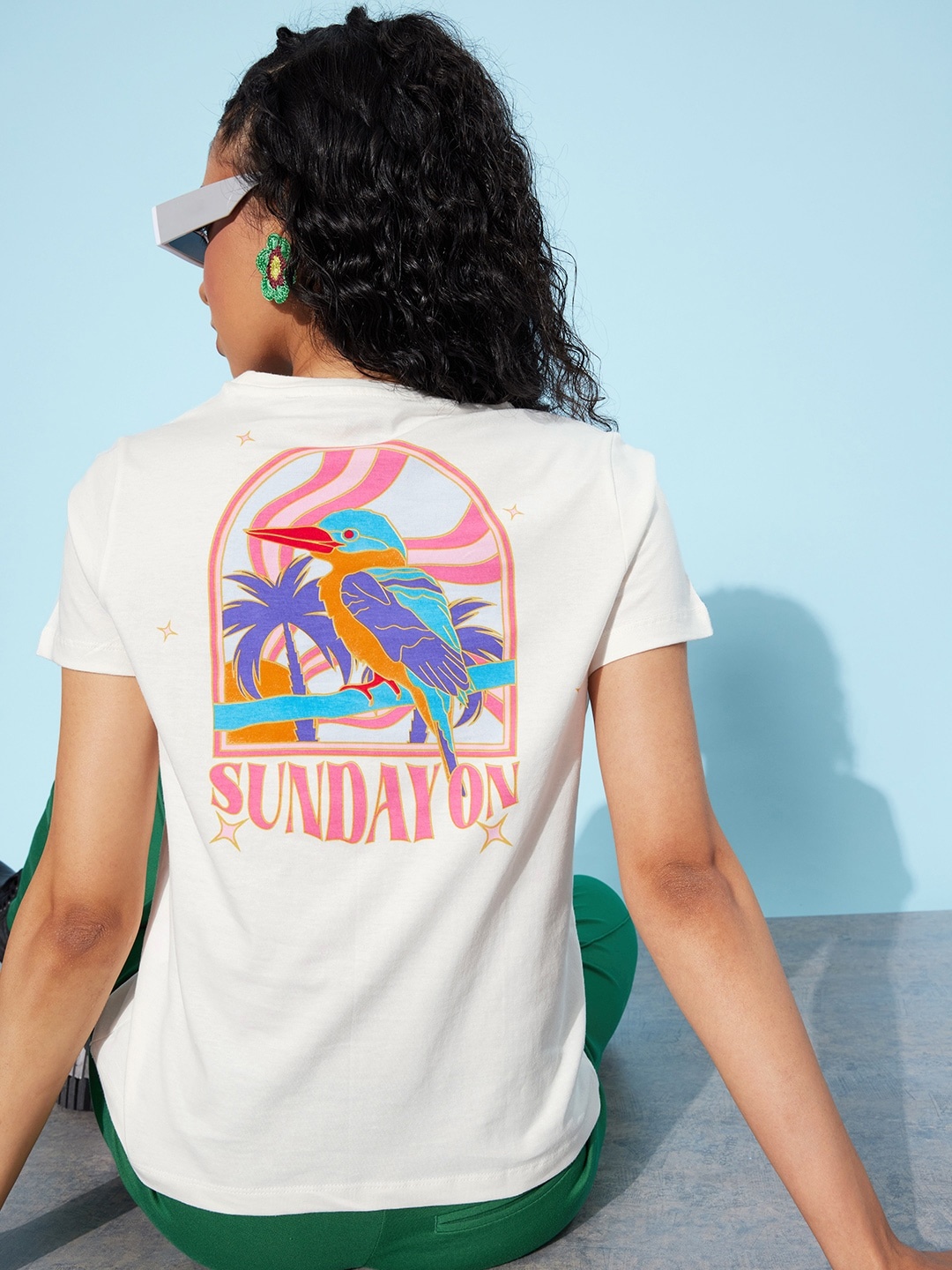 

HERE&NOW Bright White Round Neck Poster Graphics Printed Pure Cotton T-shirt