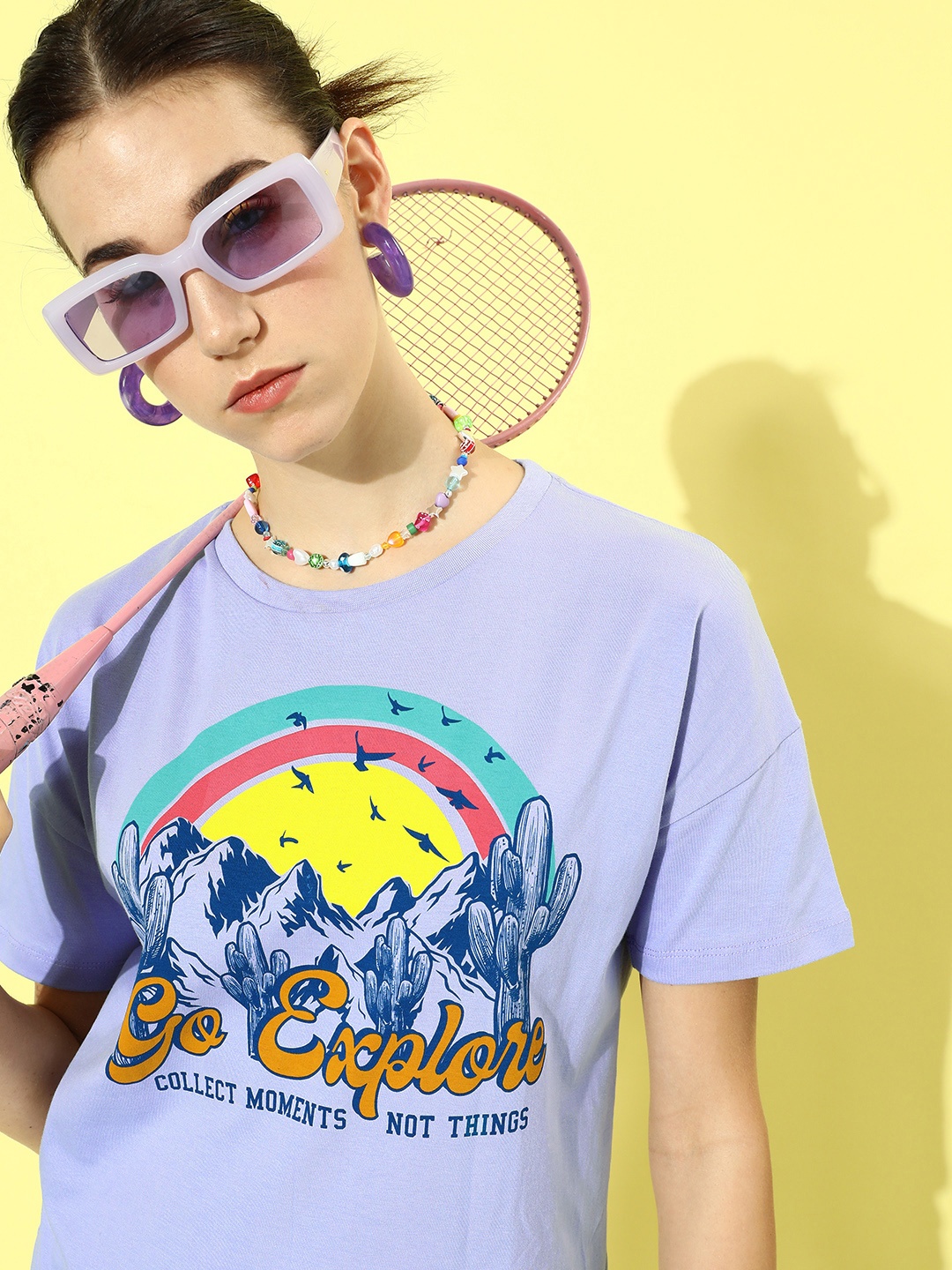 

HERE&NOW Women Lavish Lavender Pure Cotton Printed 90's Hollaback Poster Graphics T-shirt