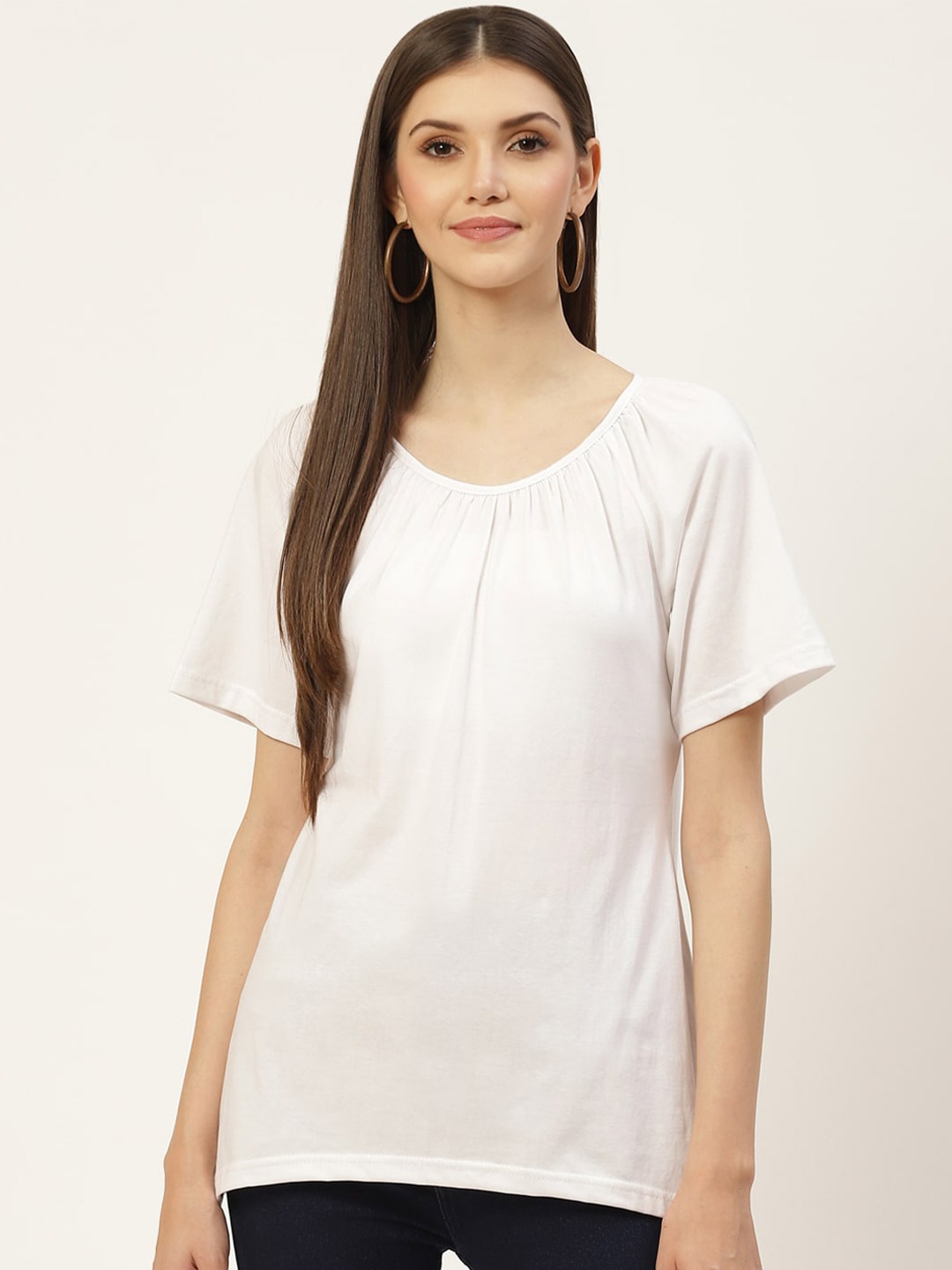 

BRINNS Round Neck Extended Sleeves Gathered Pure Cotton Top, White