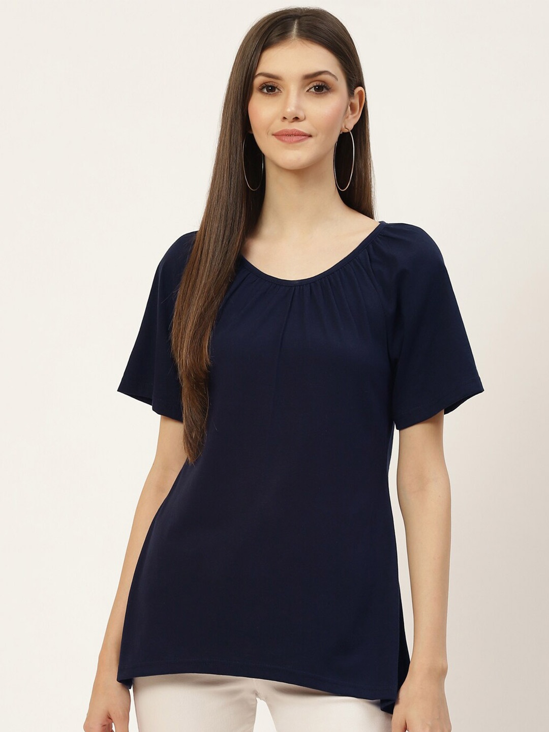 

BRINNS Round Neck Extended Sleeves Gathered Pure Cotton Top, Navy blue