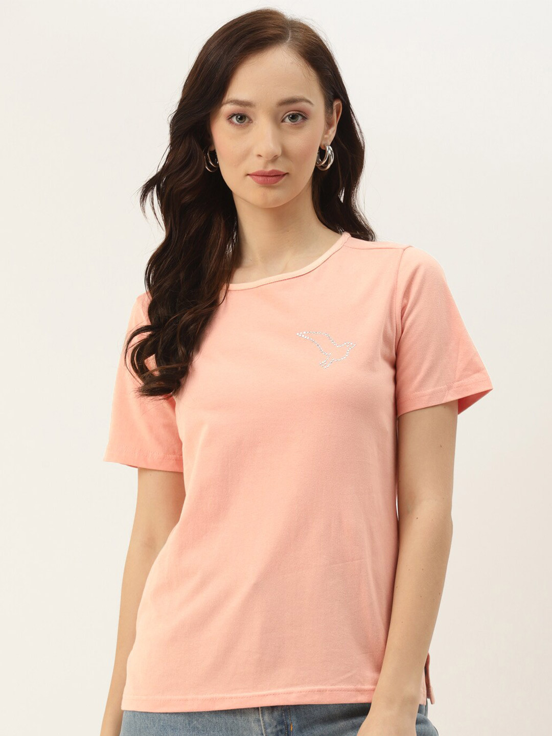 

BRINNS Women Round Neck Pure Cotton T-shirt, Peach