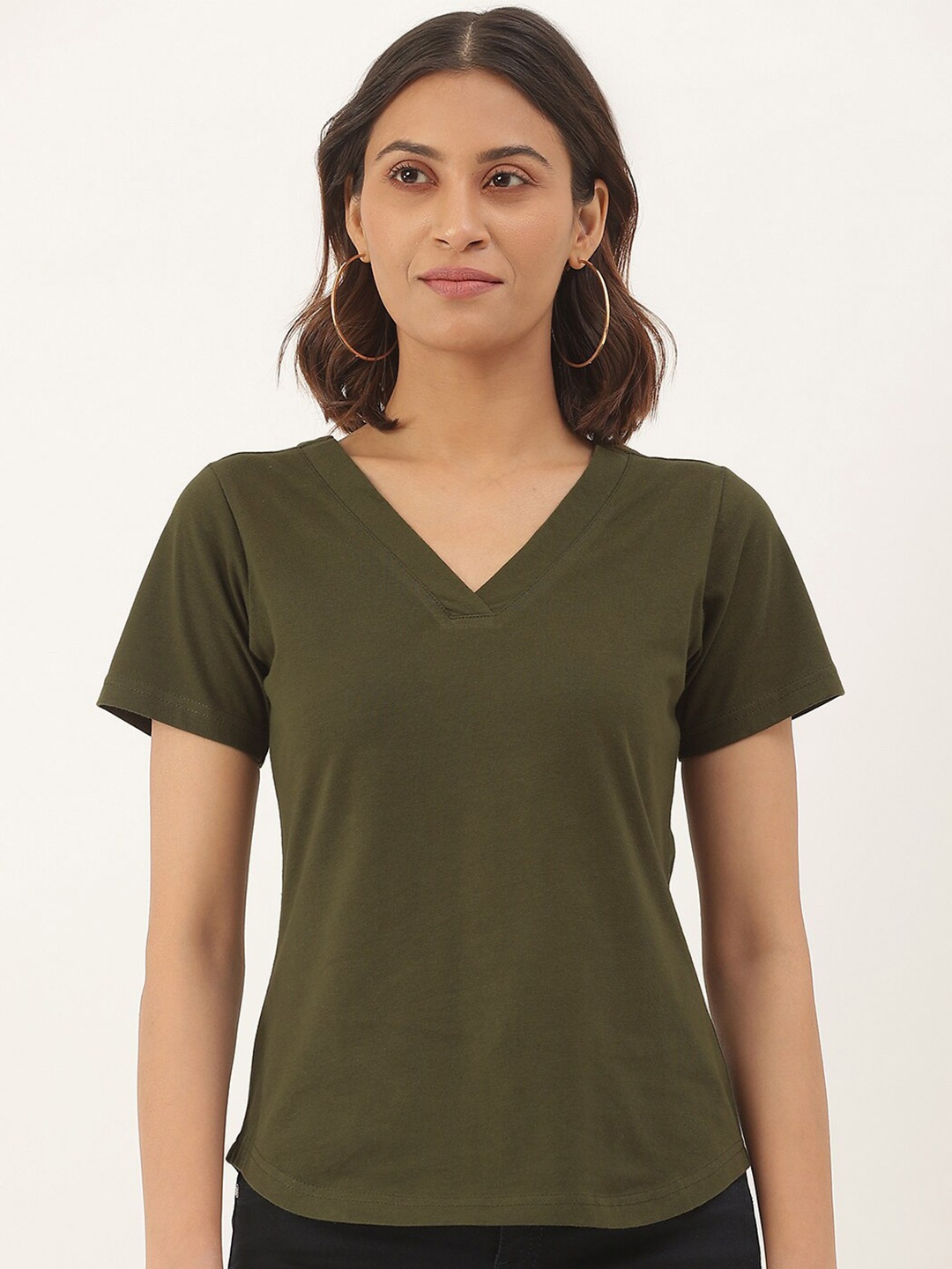 

BRINNS Women V-Neck Regular Fit Pure Cotton T-shirt, Olive