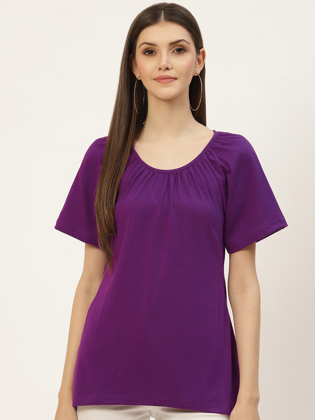 

BRINNS Extended Sleeves Gathered Pure Cotton Top, Purple