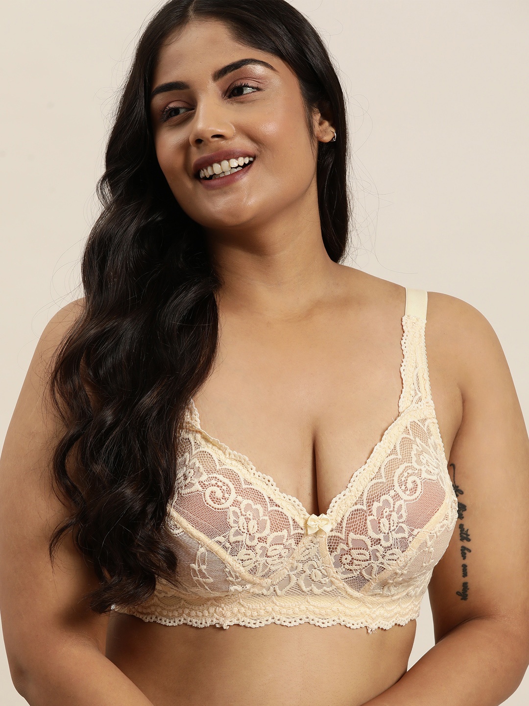 Sztori Plus Size Floral Lace Bra Medium Coverage SZ02- TROA03-TROA03, Cream