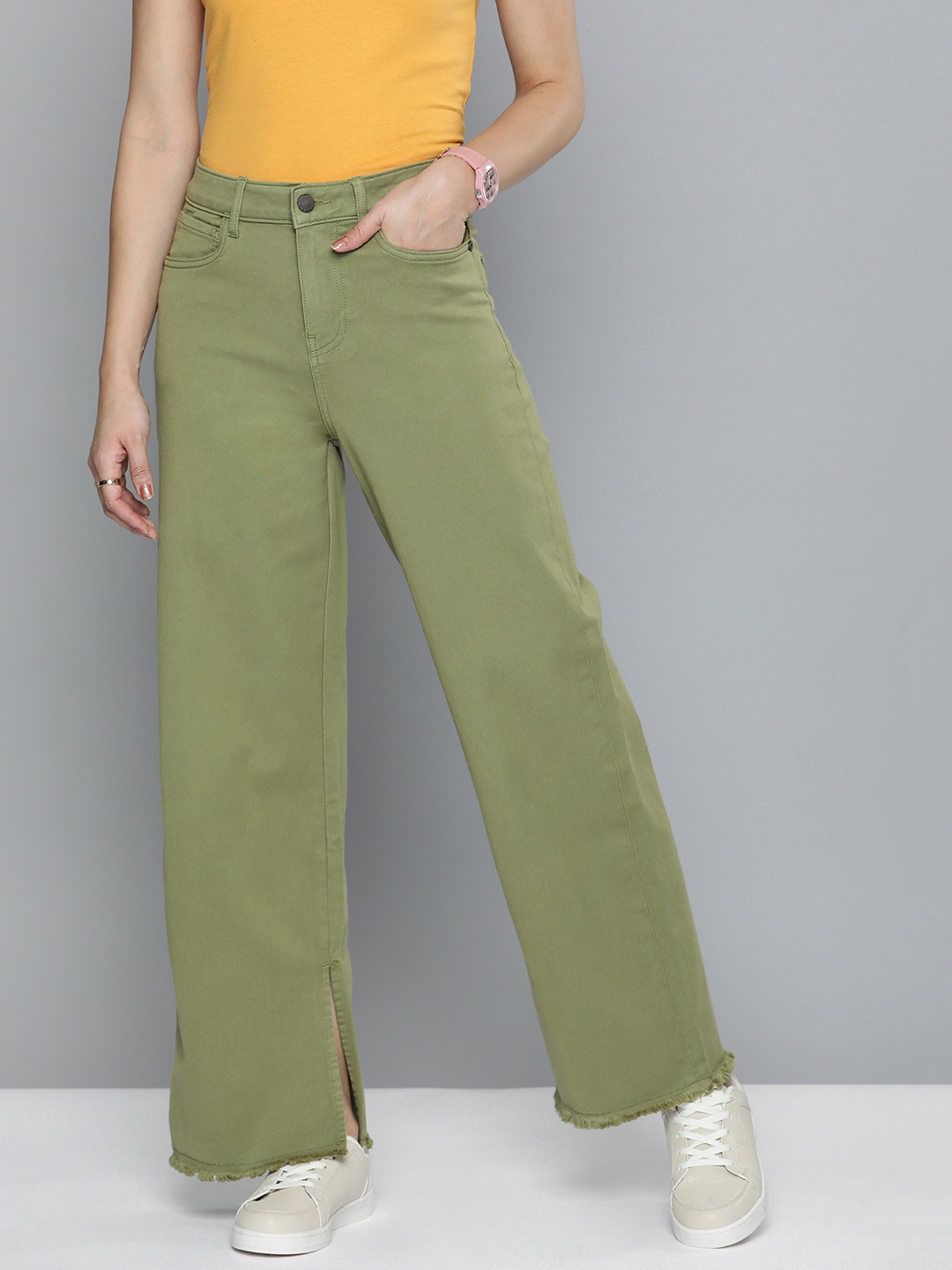 

HERE&NOW Women Wide Leg Stretchable Mid Rise Jeans, Green