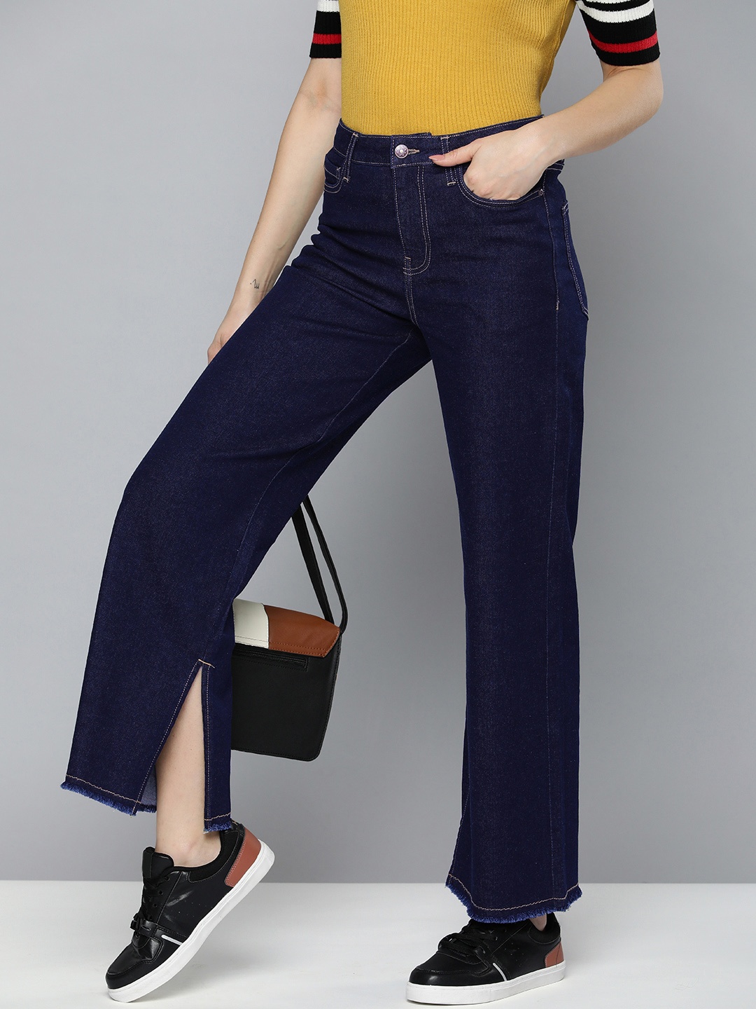 

HERE&NOW Women Wide Leg High-Rise Stretchable Jeans, Blue