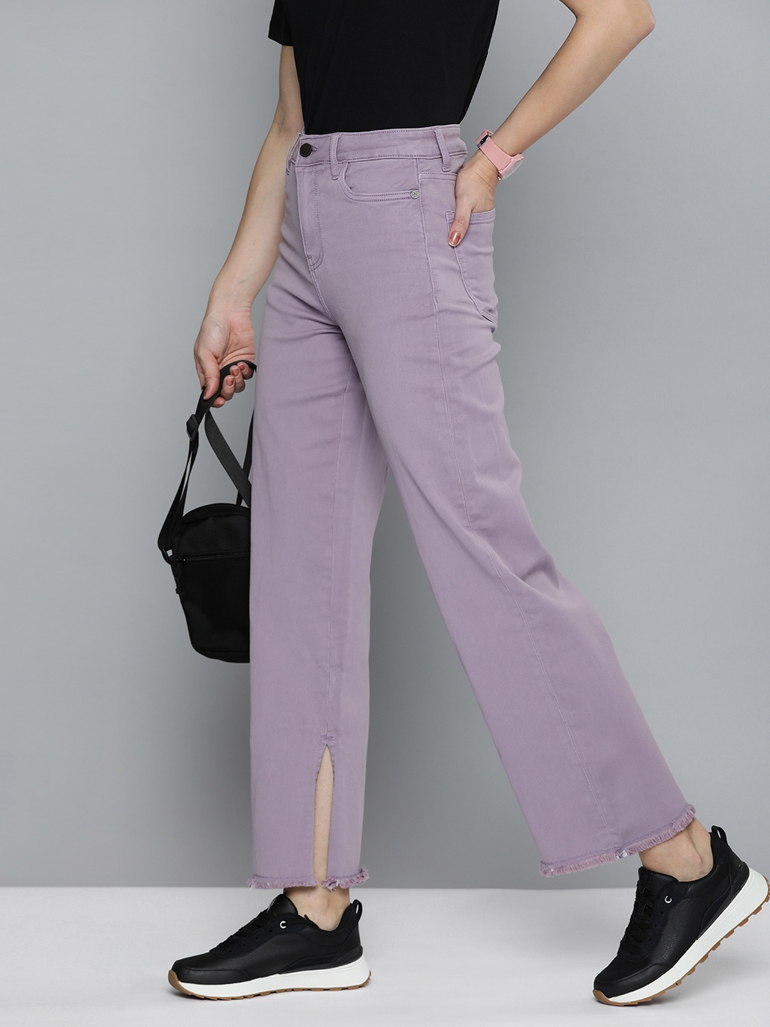 

HERE&NOW Women Wide Leg Stretchable Mid Rise Jeans, Lavender