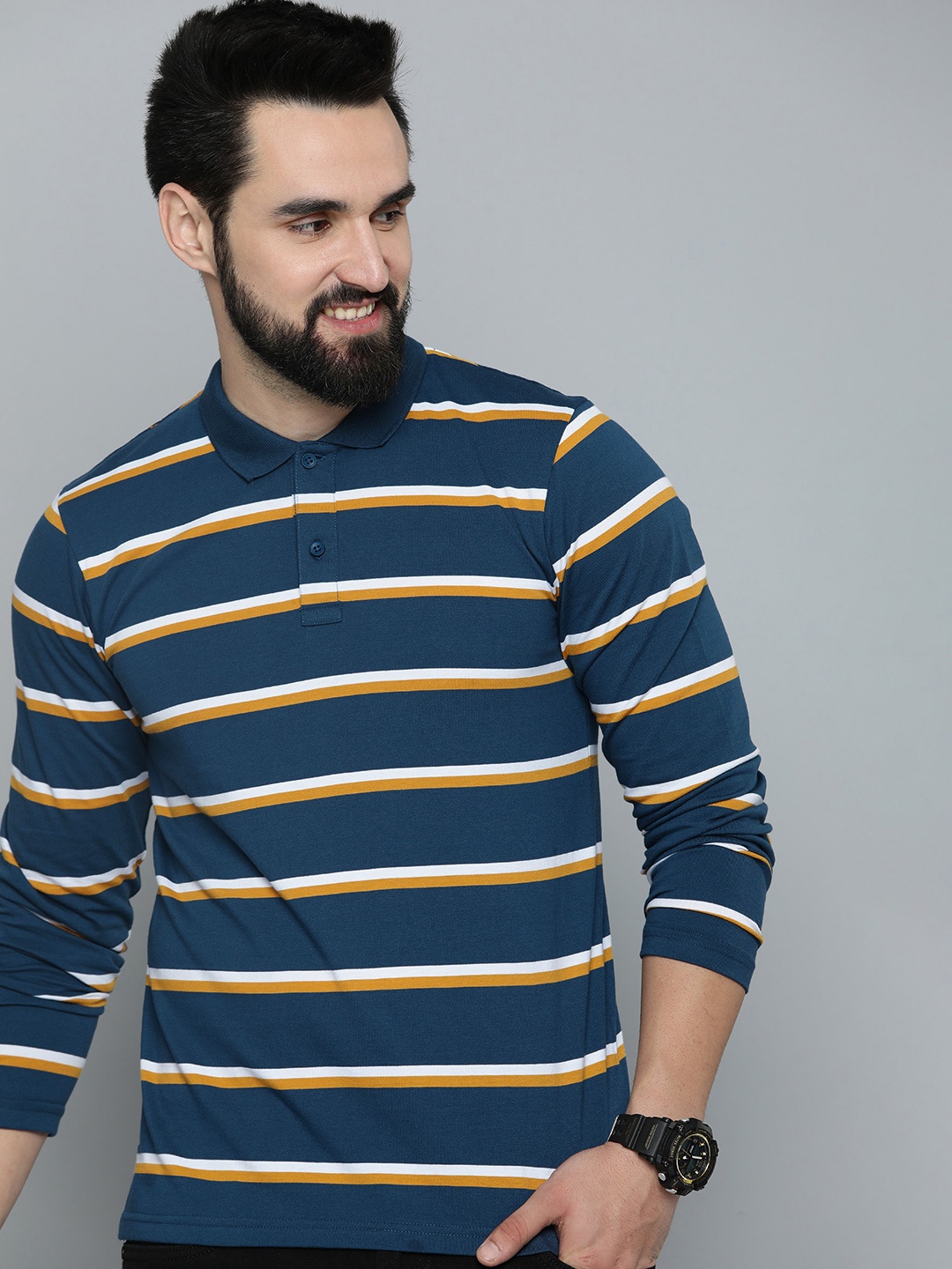 

HERE&NOW Men Striped Polo Collar T-shirt, Navy blue