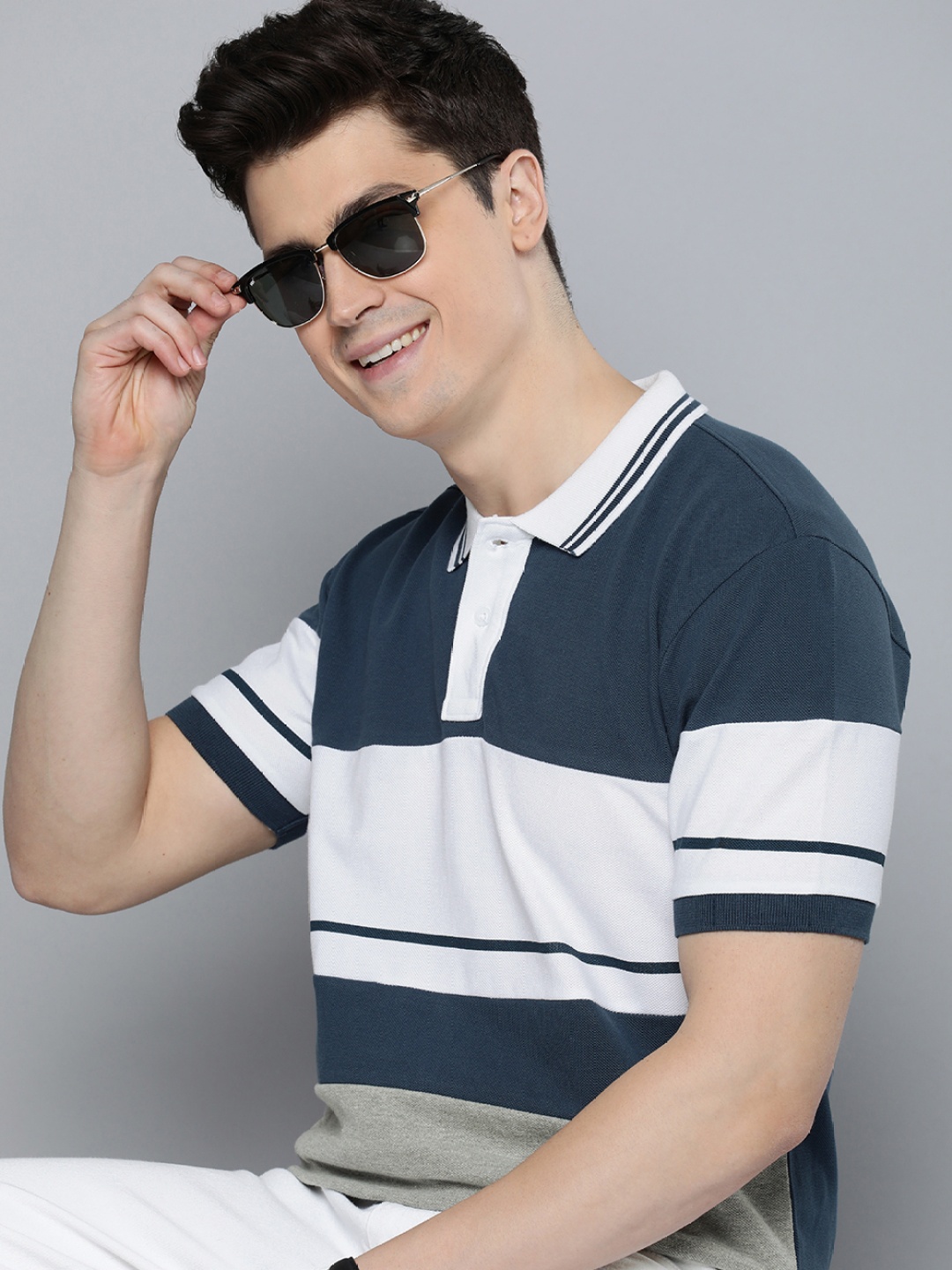 

HERE&NOW Multi Or Variegated Stripes Polo Collar Knitted T-shirt, Navy blue
