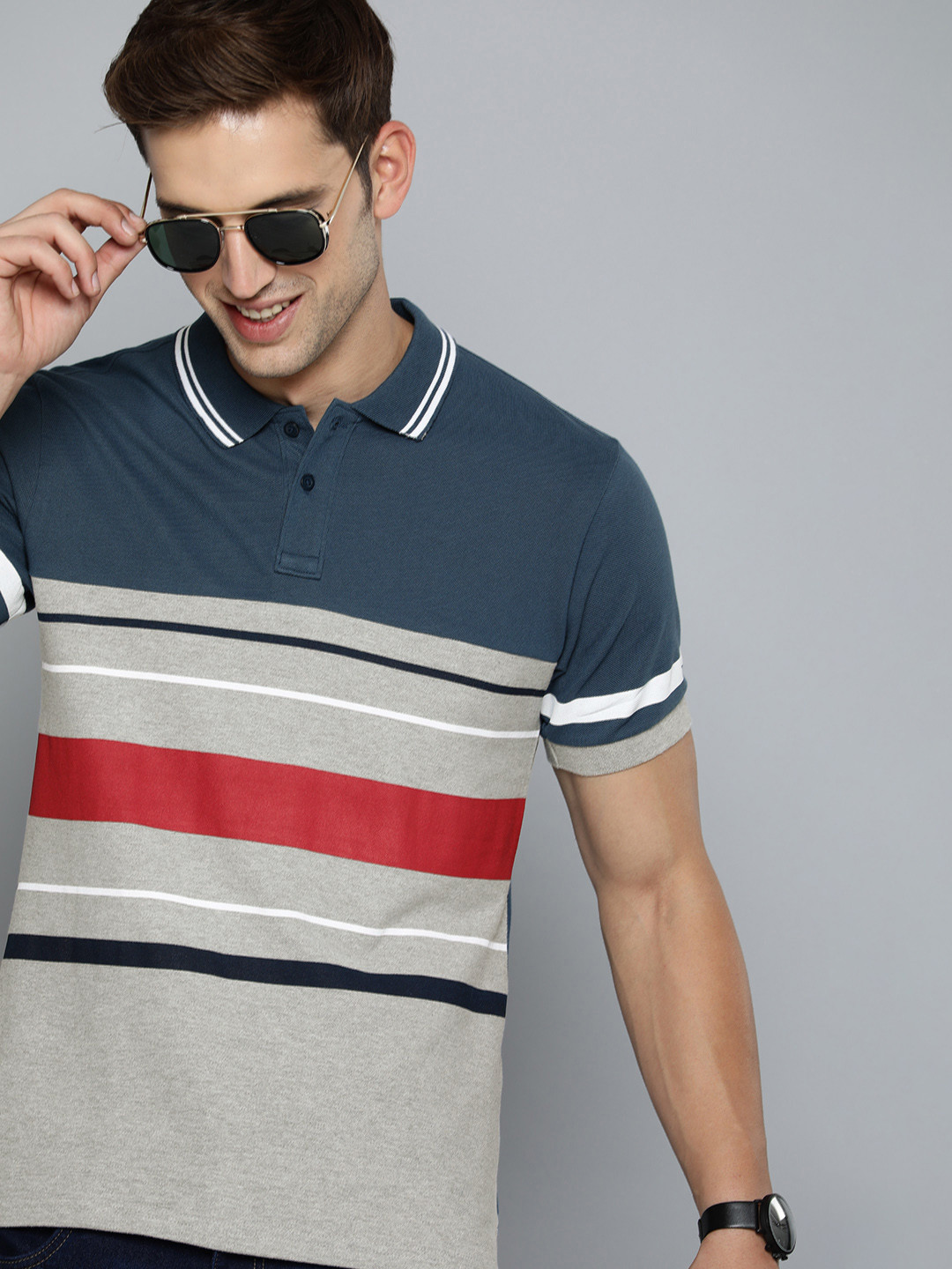 

HERE&NOW Men Striped Polo Collar Pure Cotton T-shirt, Navy blue