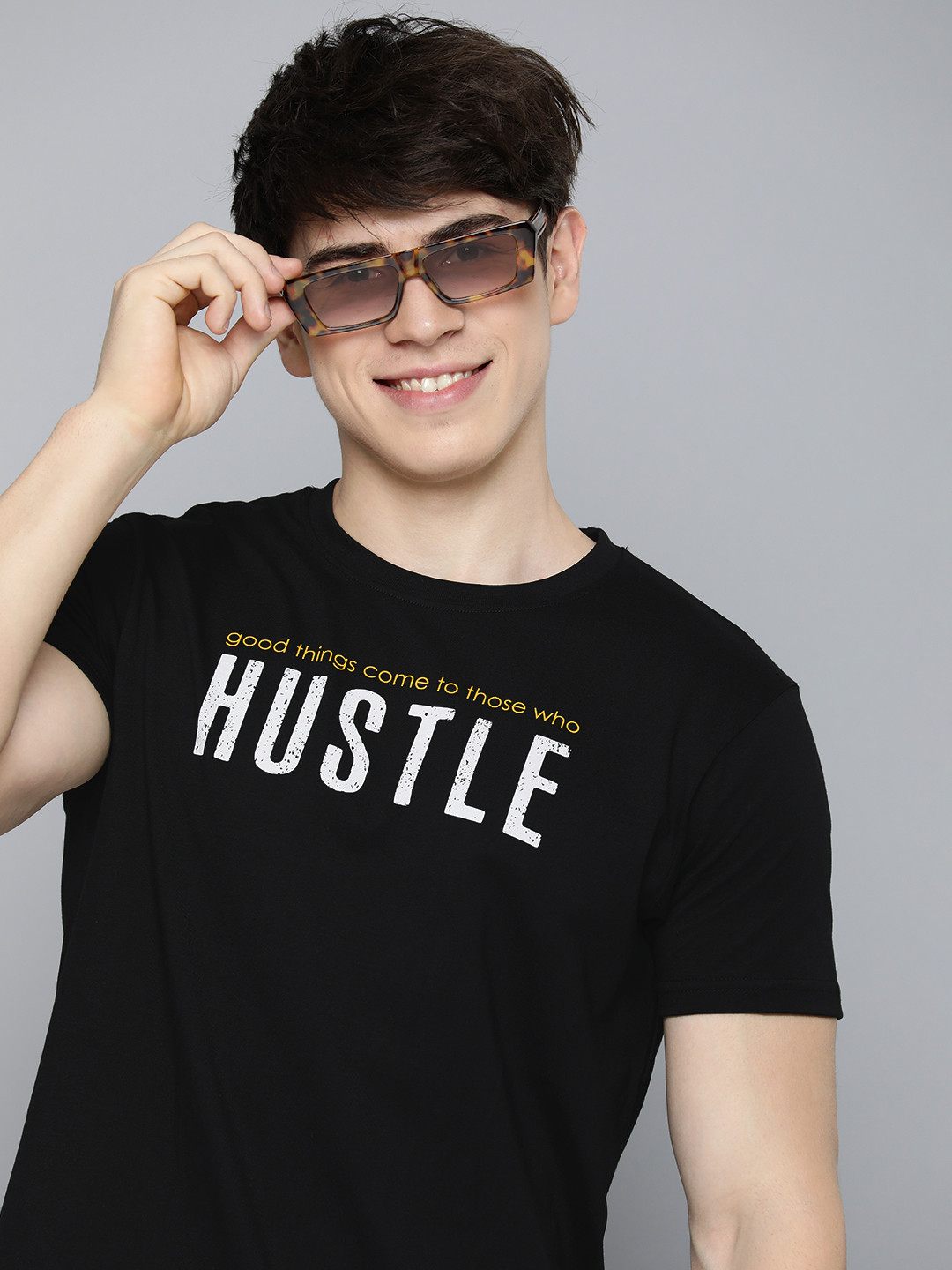 

HERE&NOW Round Neck Typography Printed Pure Cotton T-shirt, Black