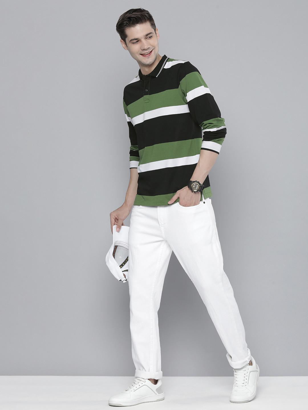 

HERE&NOW Men Striped Polo Collar T-shirt, Green