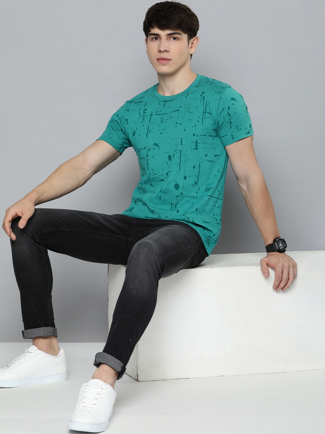 

HERE&NOW Printed Pure Cotton T-shirt, Teal