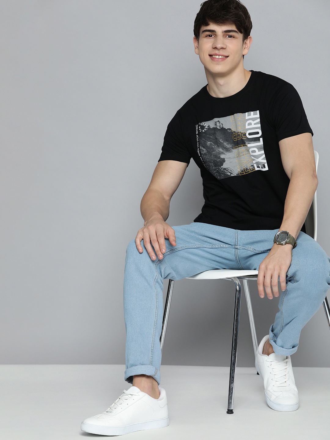 

HERE&NOW Printed Pure Cotton T-shirt, Black