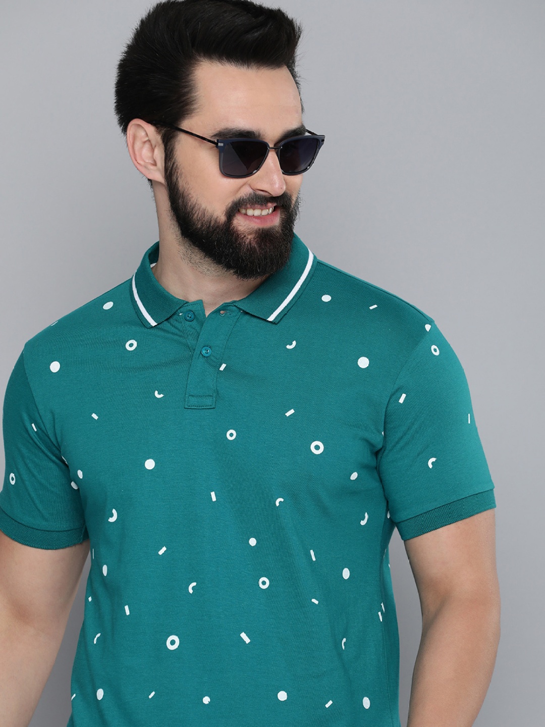 

HERE&NOW Printed Polo Collar Pure Cotton T-shirt, Teal