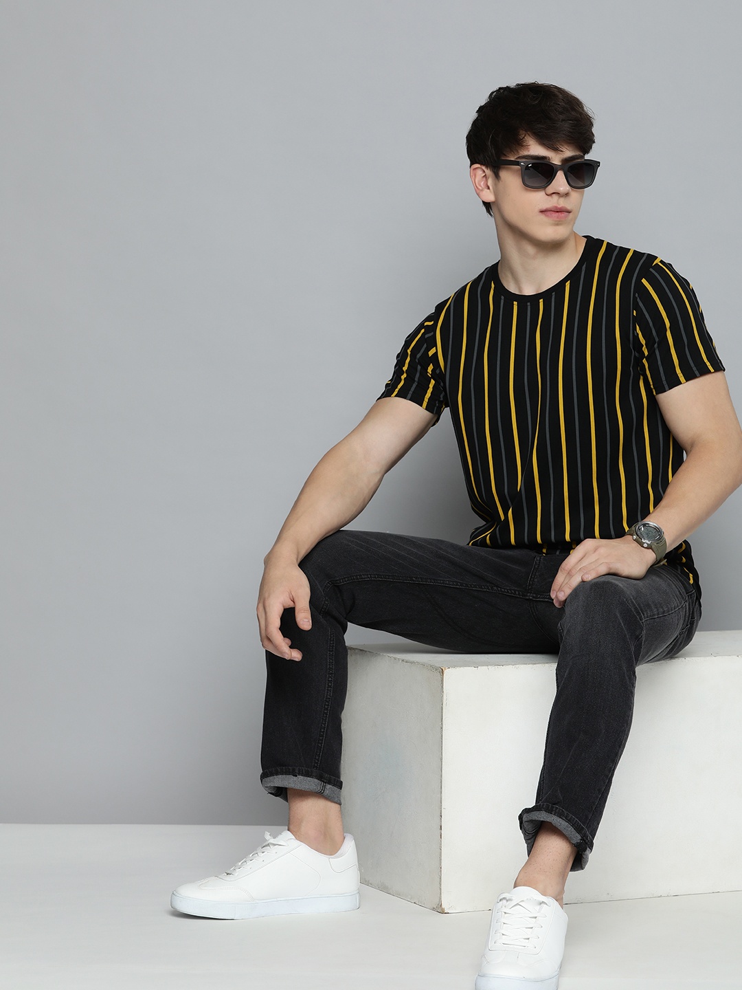 

HERE&NOW Men Black Striped T-shirt